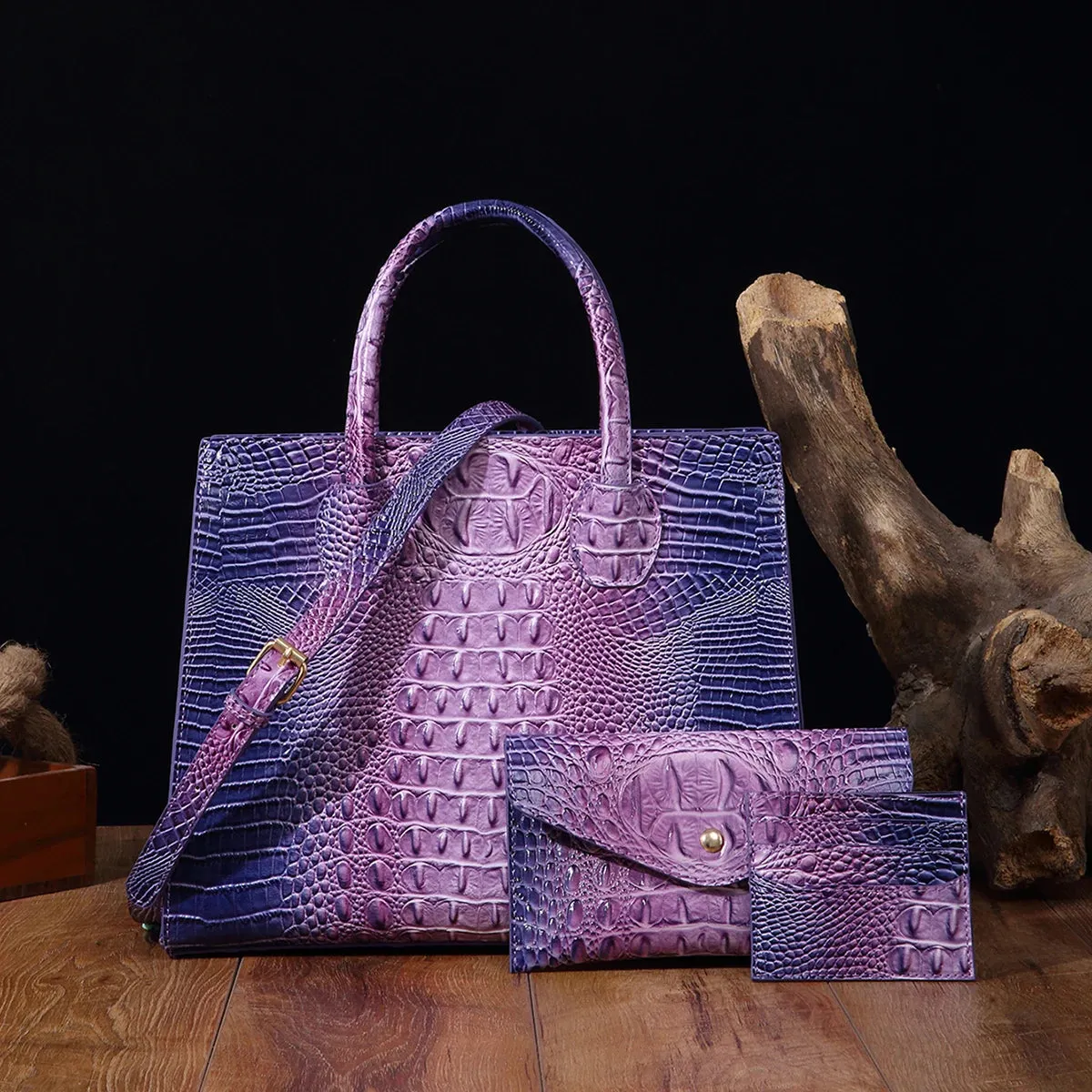 Christianartbag Leather bags - 3 Pcs Crocodile Pattern Handbag & Purses Set, Multi-functional Vintage Top Handle Crossbody Bag & Business Clutch Bag & Card - CAB02240524