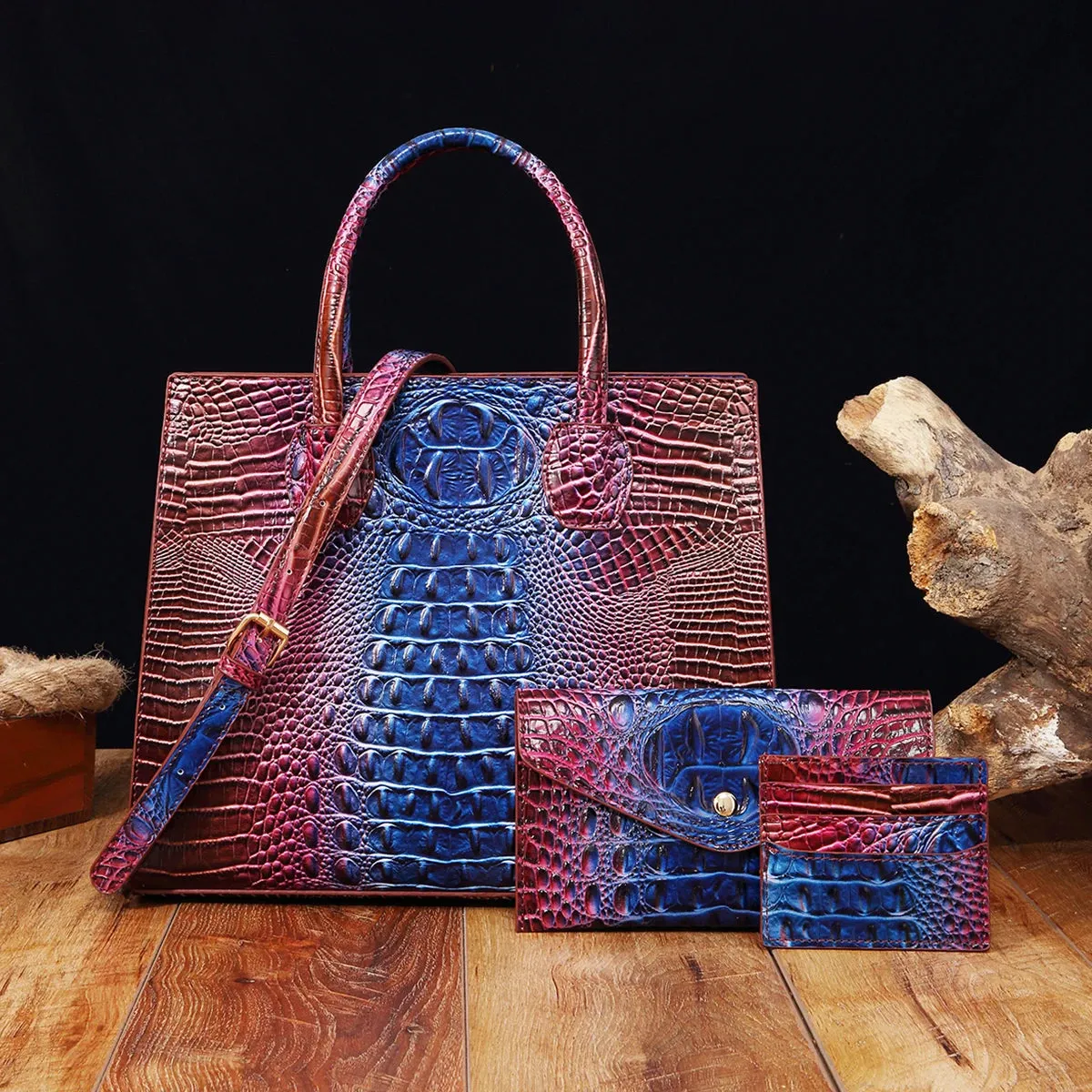 Christianartbag Leather bags - 3 Pcs Crocodile Pattern Handbag & Purses Set, Multi-functional Vintage Top Handle Crossbody Bag & Business Clutch Bag & Card - CAB02240524