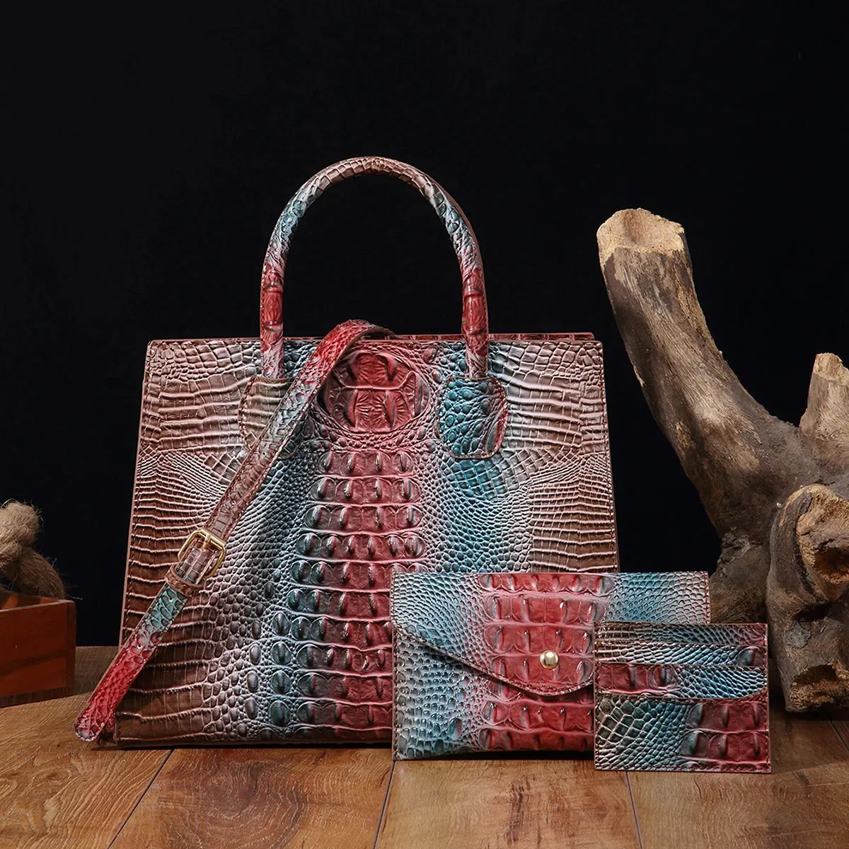 Christianartbag Leather bags - 3 Pcs Crocodile Pattern Handbag & Purses Set, Multi-functional Vintage Top Handle Crossbody Bag & Business Clutch Bag & Card - CAB02240524