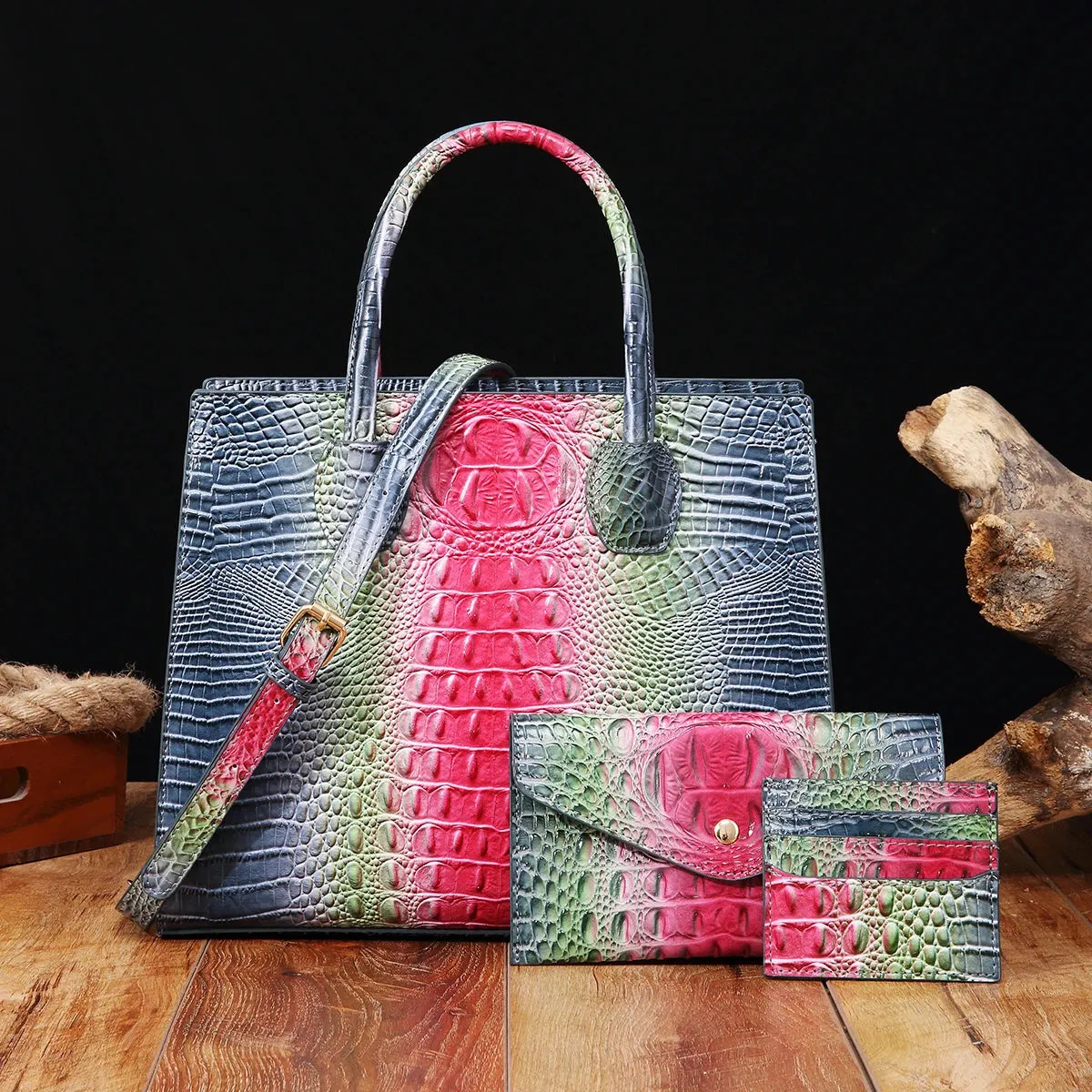 Christianartbag Leather bags - 3 Pcs Crocodile Pattern Handbag & Purses Set, Multi-functional Vintage Top Handle Crossbody Bag & Business Clutch Bag & Card - CAB02240524