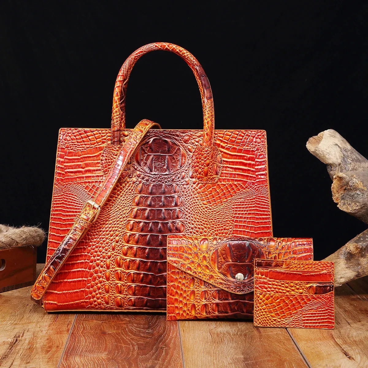 Christianartbag Leather bags - 3 Pcs Crocodile Pattern Handbag & Purses Set, Multi-functional Vintage Top Handle Crossbody Bag & Business Clutch Bag & Card - CAB02240524