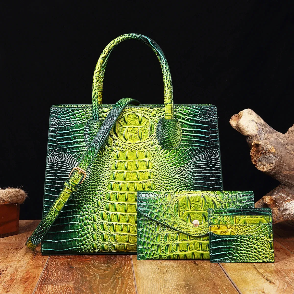 Christianartbag Leather bags - 3 Pcs Crocodile Pattern Handbag & Purses Set, Multi-functional Vintage Top Handle Crossbody Bag & Business Clutch Bag & Card - CAB02240524