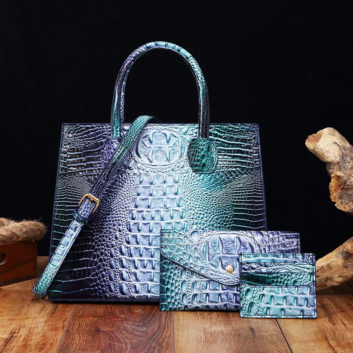 Christianartbag Leather bags - 3 Pcs Crocodile Pattern Handbag & Purses Set, Multi-functional Vintage Top Handle Crossbody Bag & Business Clutch Bag & Card - CAB02240524