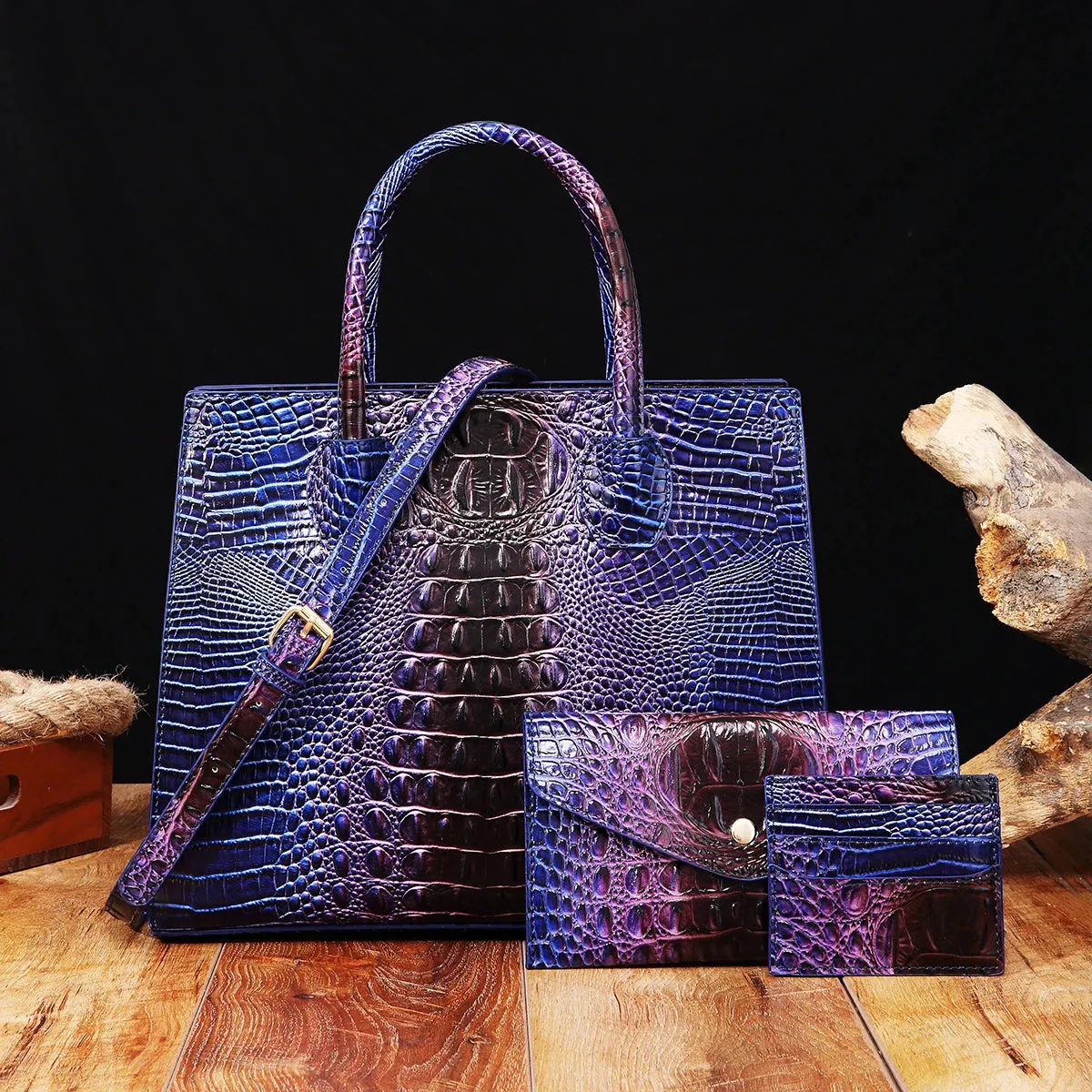 Christianartbag Leather bags - 3 Pcs Crocodile Pattern Handbag & Purses Set, Multi-functional Vintage Top Handle Crossbody Bag & Business Clutch Bag & Card - CAB02240524