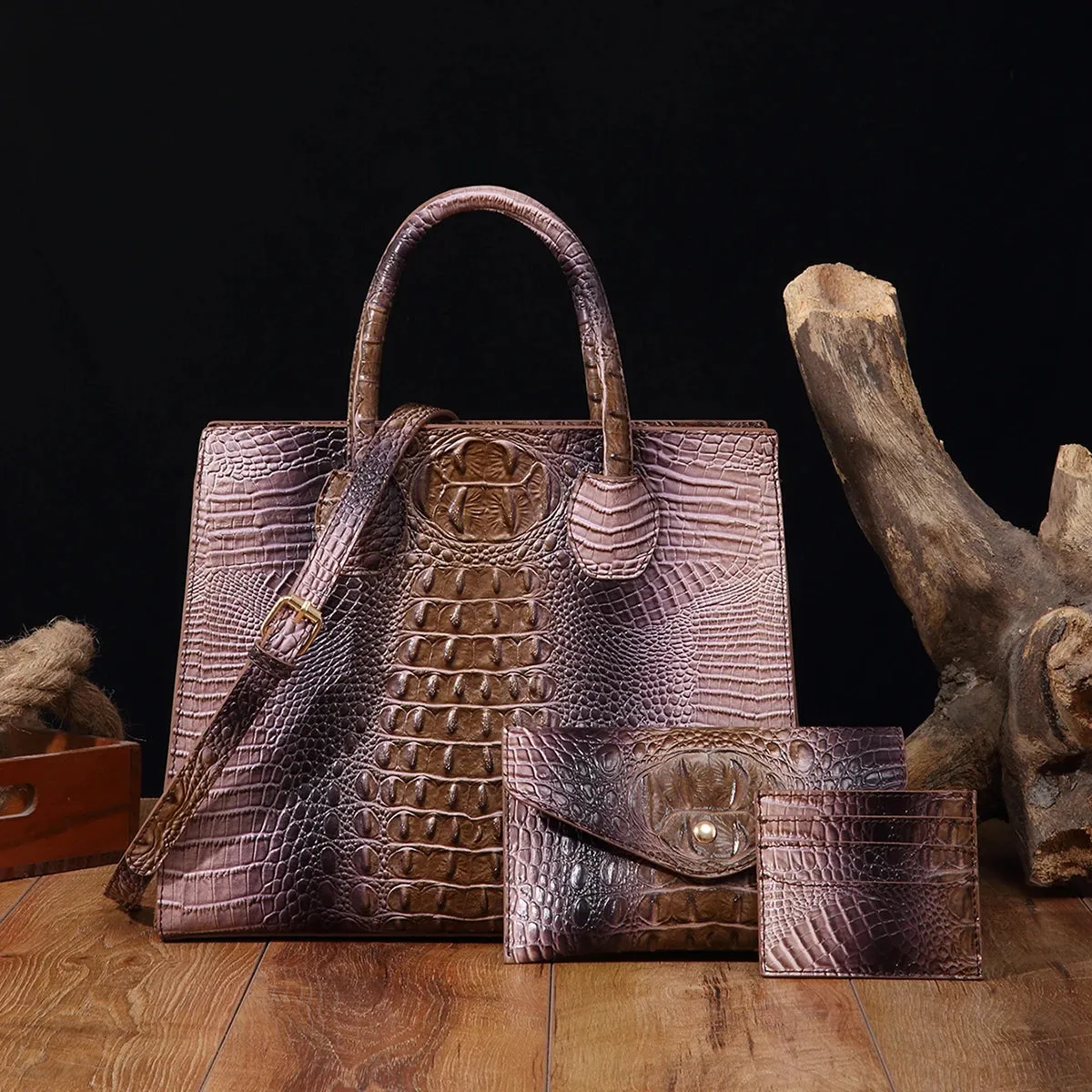 Christianartbag Leather bags - 3 Pcs Crocodile Pattern Handbag & Purses Set, Multi-functional Vintage Top Handle Crossbody Bag & Business Clutch Bag & Card - CAB02240524