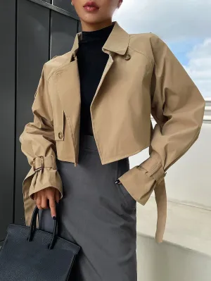 CM-CS667999 Women Elegant Seoul Style Buckle Raglan Sleeve Crop Trench Coat - Khaki