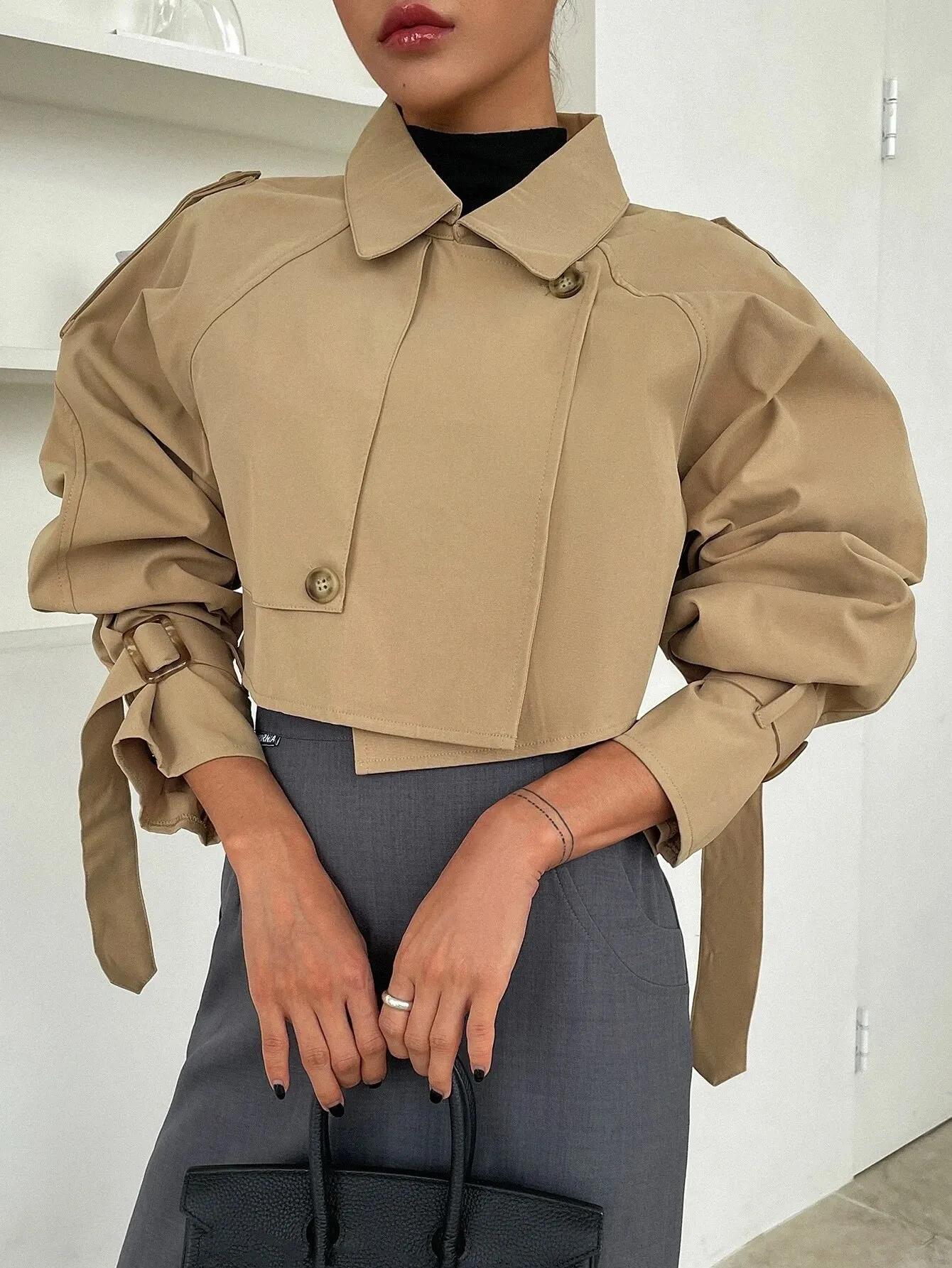 CM-CS667999 Women Elegant Seoul Style Buckle Raglan Sleeve Crop Trench Coat - Khaki
