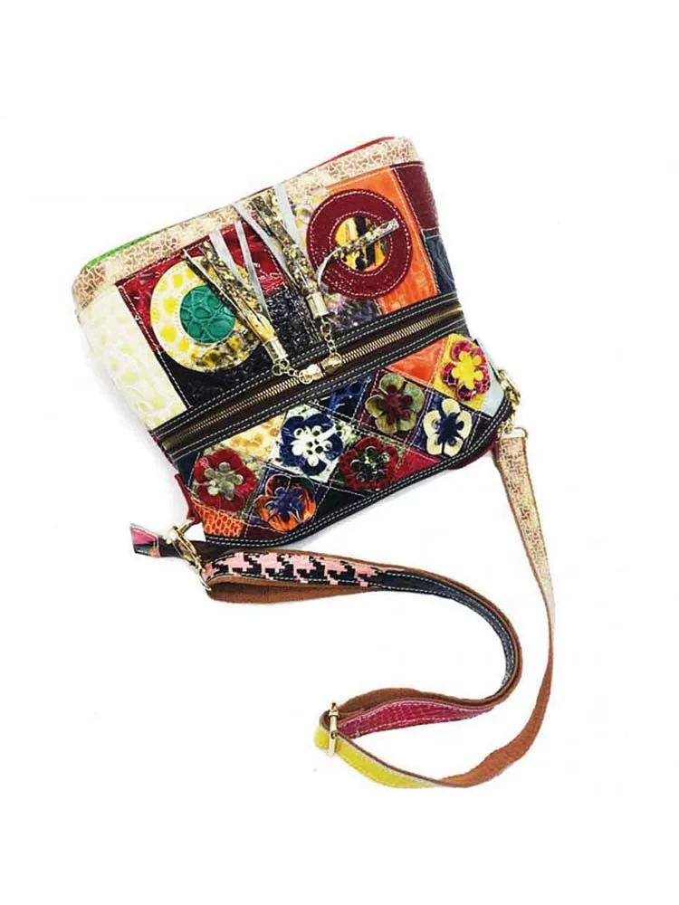 Cow Leather Splicing Retro Women Shoulder Bags Multicolor Flower Crossbody Bags