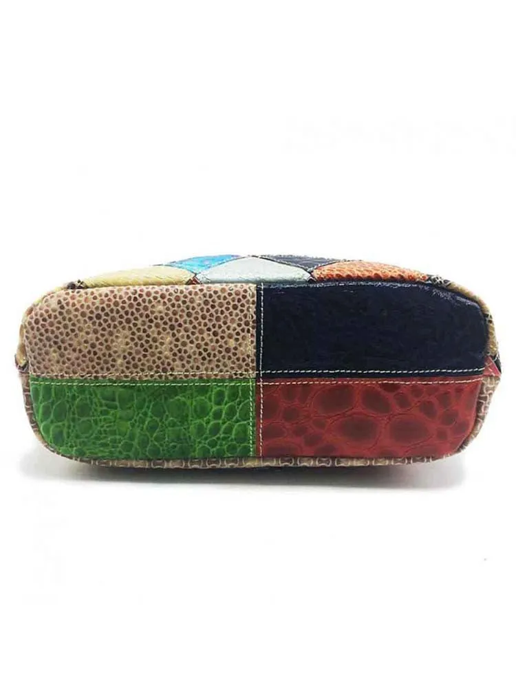 Cow Leather Splicing Retro Women Shoulder Bags Multicolor Flower Crossbody Bags
