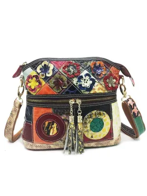 Cow Leather Splicing Retro Women Shoulder Bags Multicolor Flower Crossbody Bags