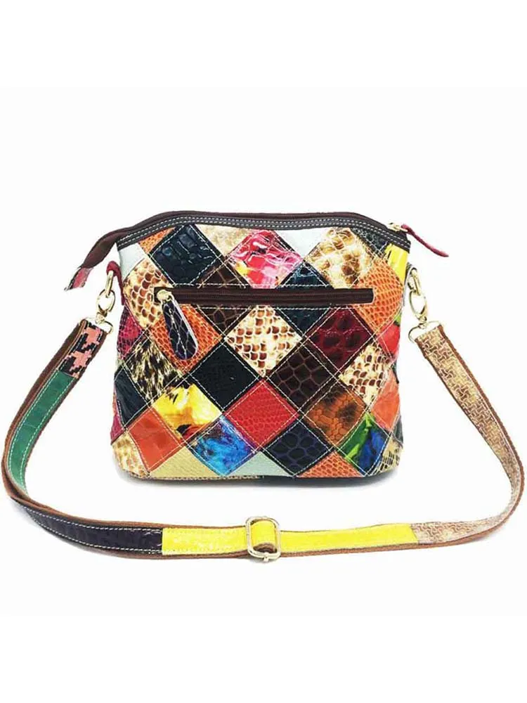 Cow Leather Splicing Retro Women Shoulder Bags Multicolor Flower Crossbody Bags
