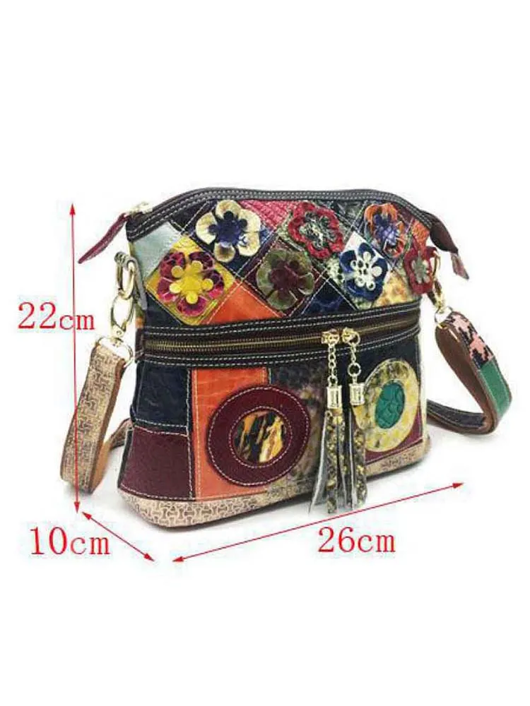 Cow Leather Splicing Retro Women Shoulder Bags Multicolor Flower Crossbody Bags