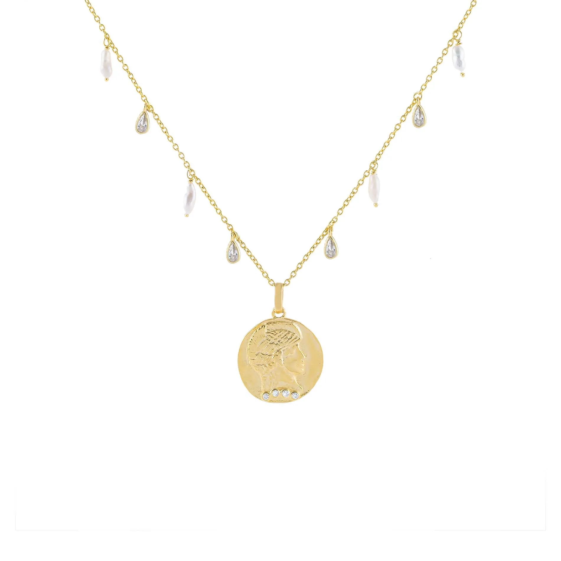 CZ X Pearl Coin Necklace