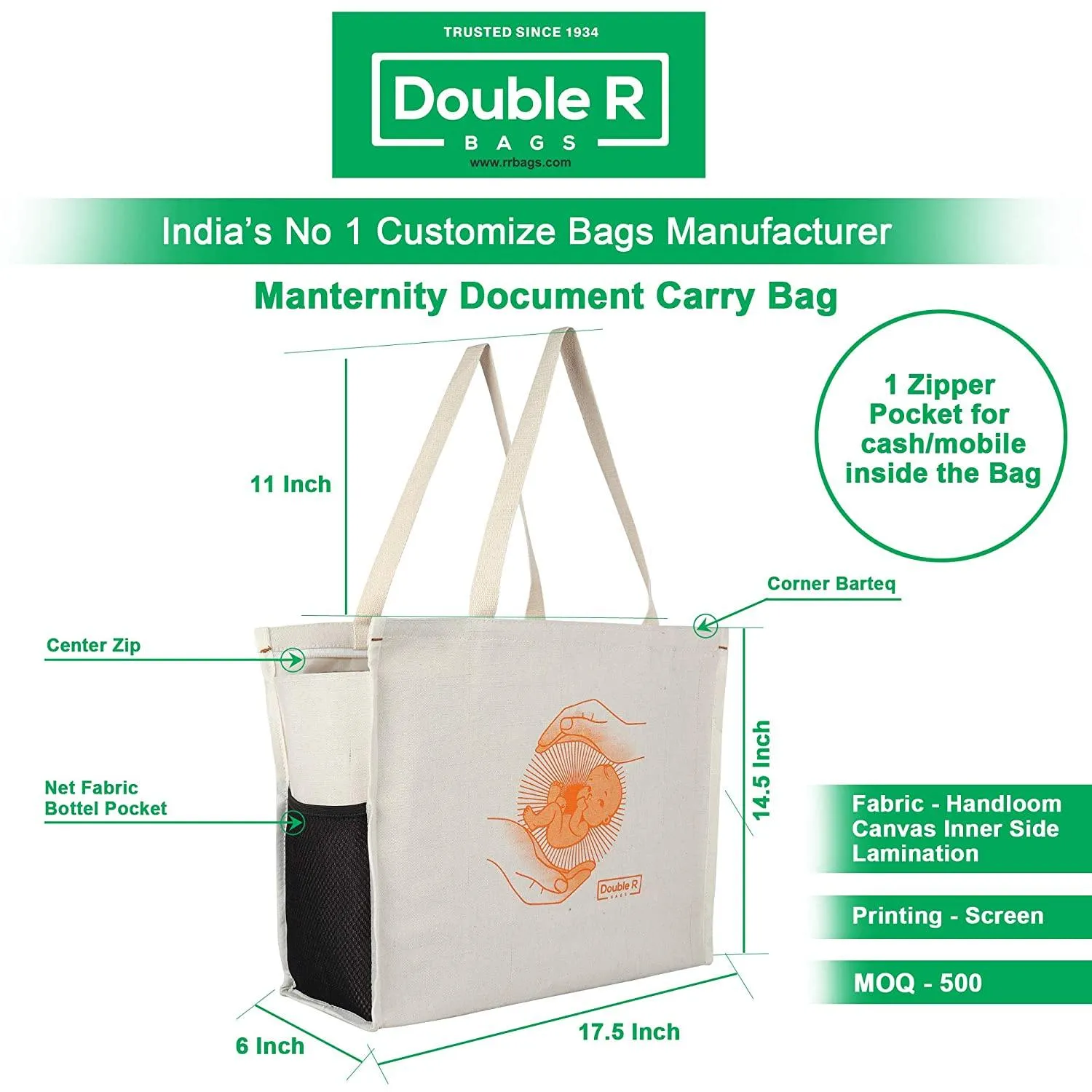 DOUBLE R BAGS Women's Canvas Shoulder Carry First Maternity/Diaper Bags
