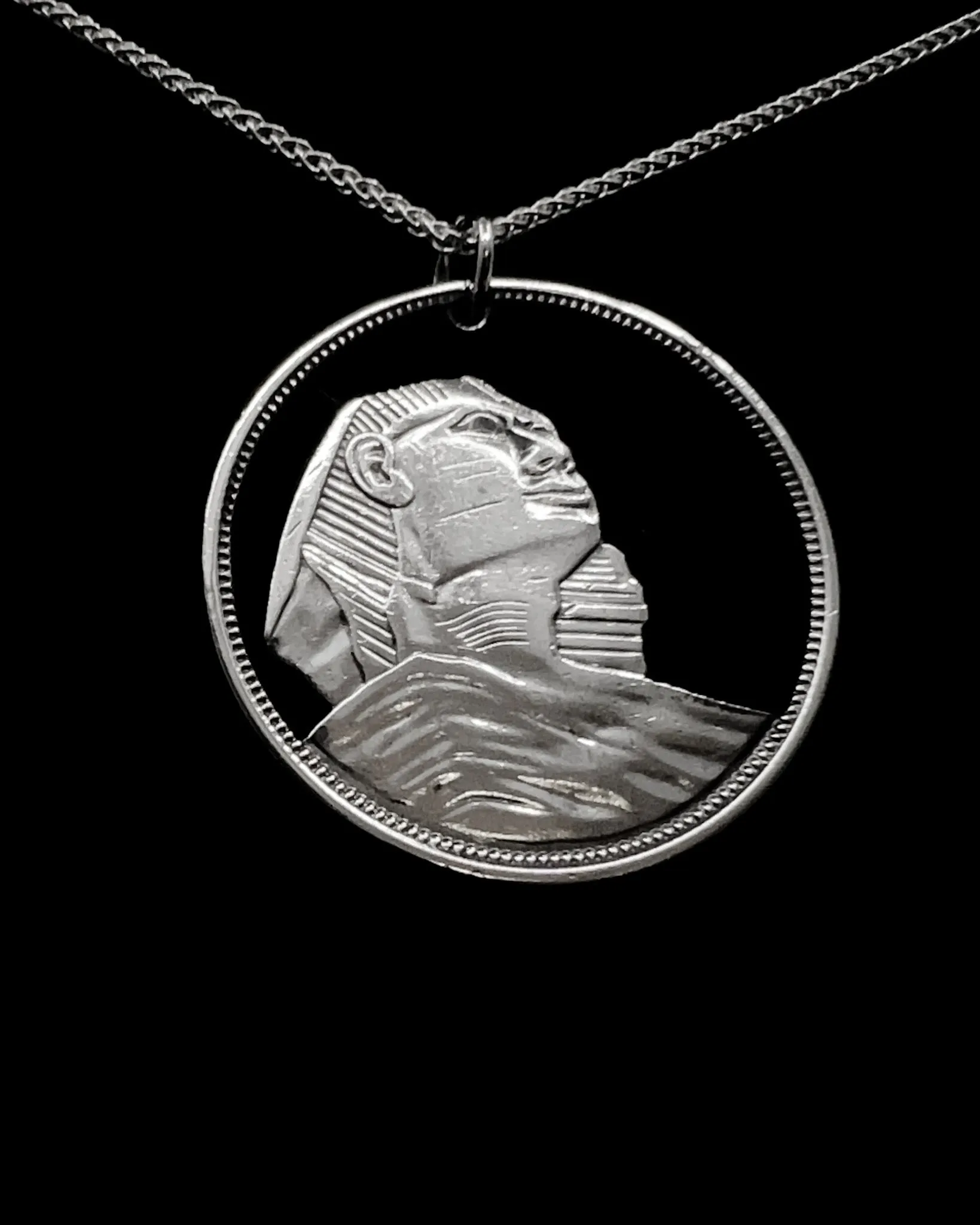 Egypt - Silver Cut Coin Pendant with Sphinx
