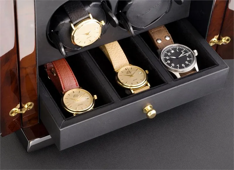 Elma Motion Corona 4 Quad Watch winder - Burl Wood Piano Finish/Burl Wood Doors