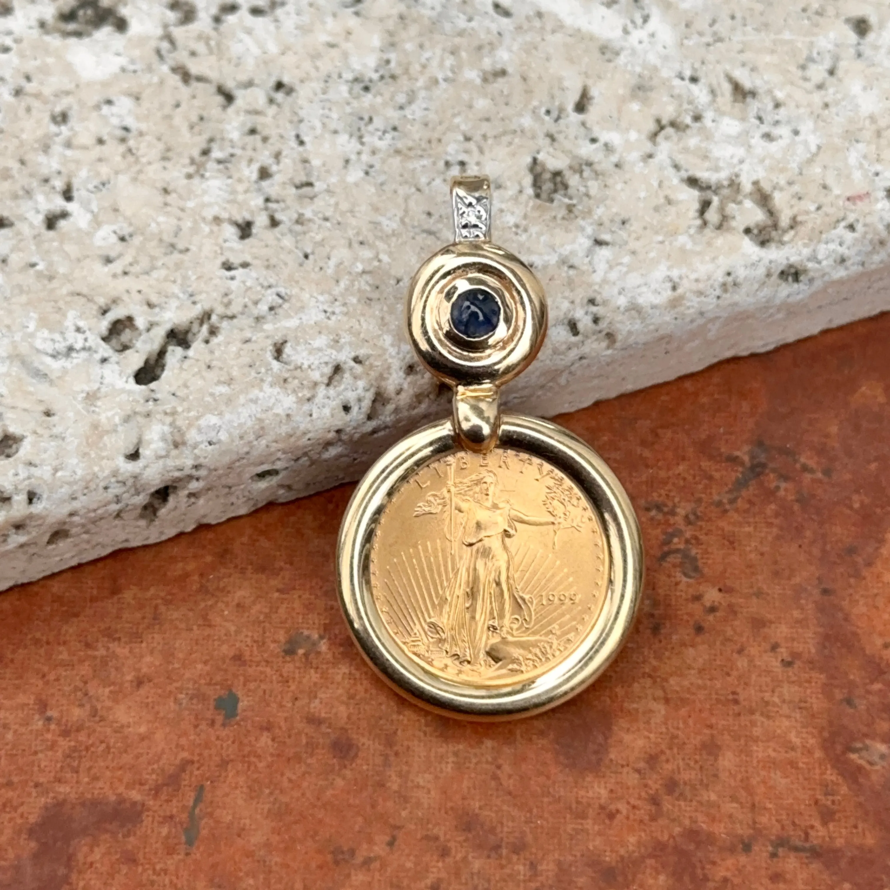 Estate 14KT Yellow Gold American Liberty Coin   Sapphire Pendant