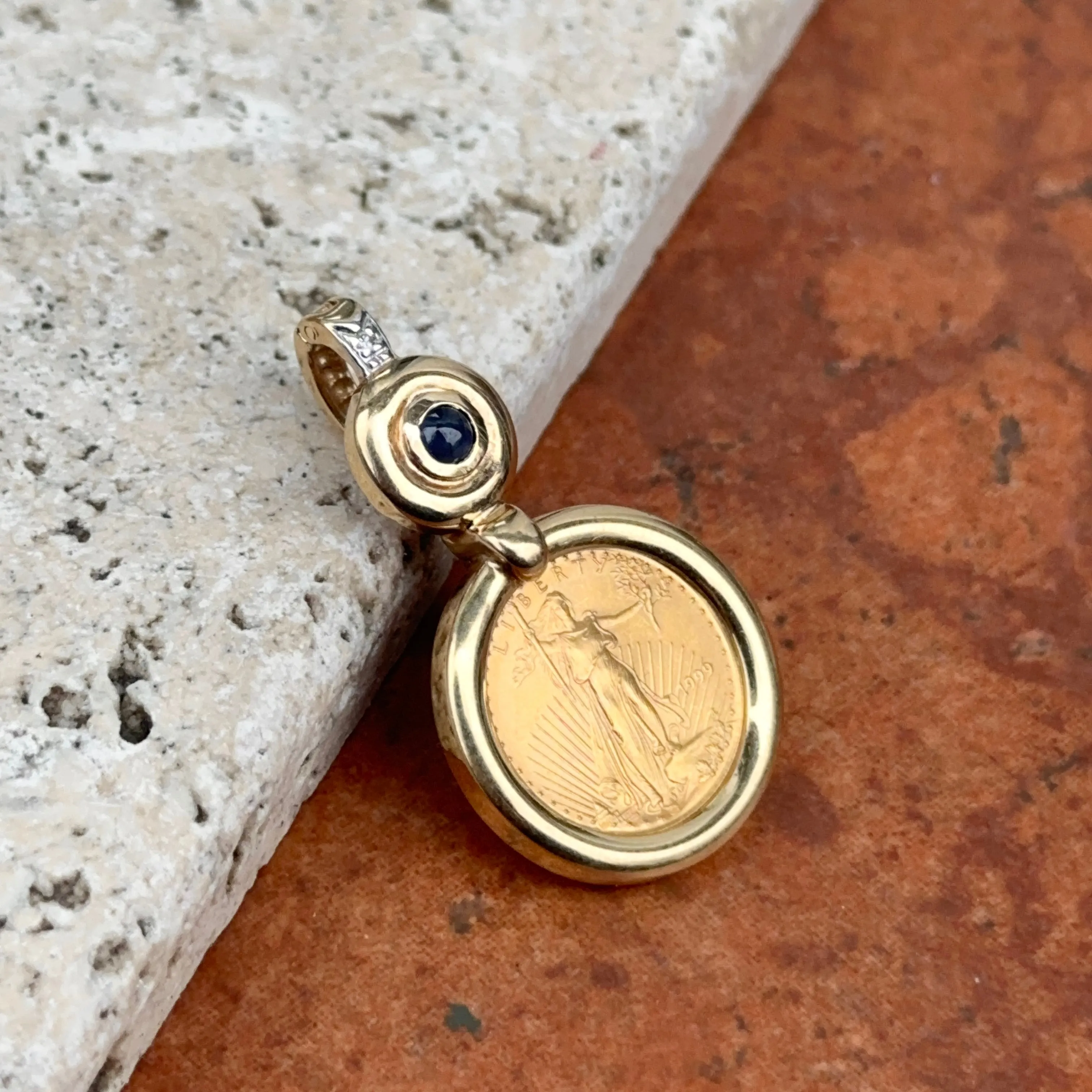 Estate 14KT Yellow Gold American Liberty Coin   Sapphire Pendant