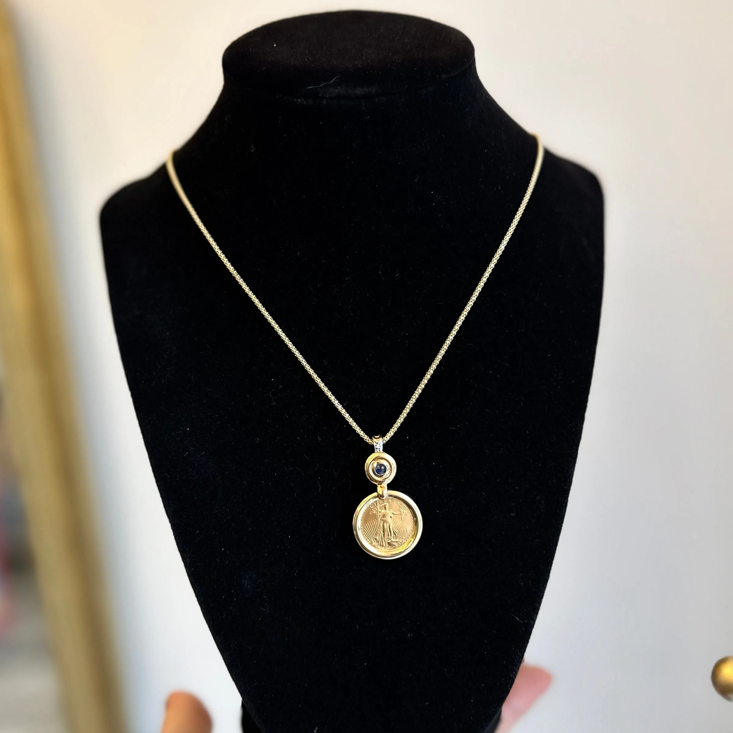 Estate 14KT Yellow Gold American Liberty Coin   Sapphire Pendant