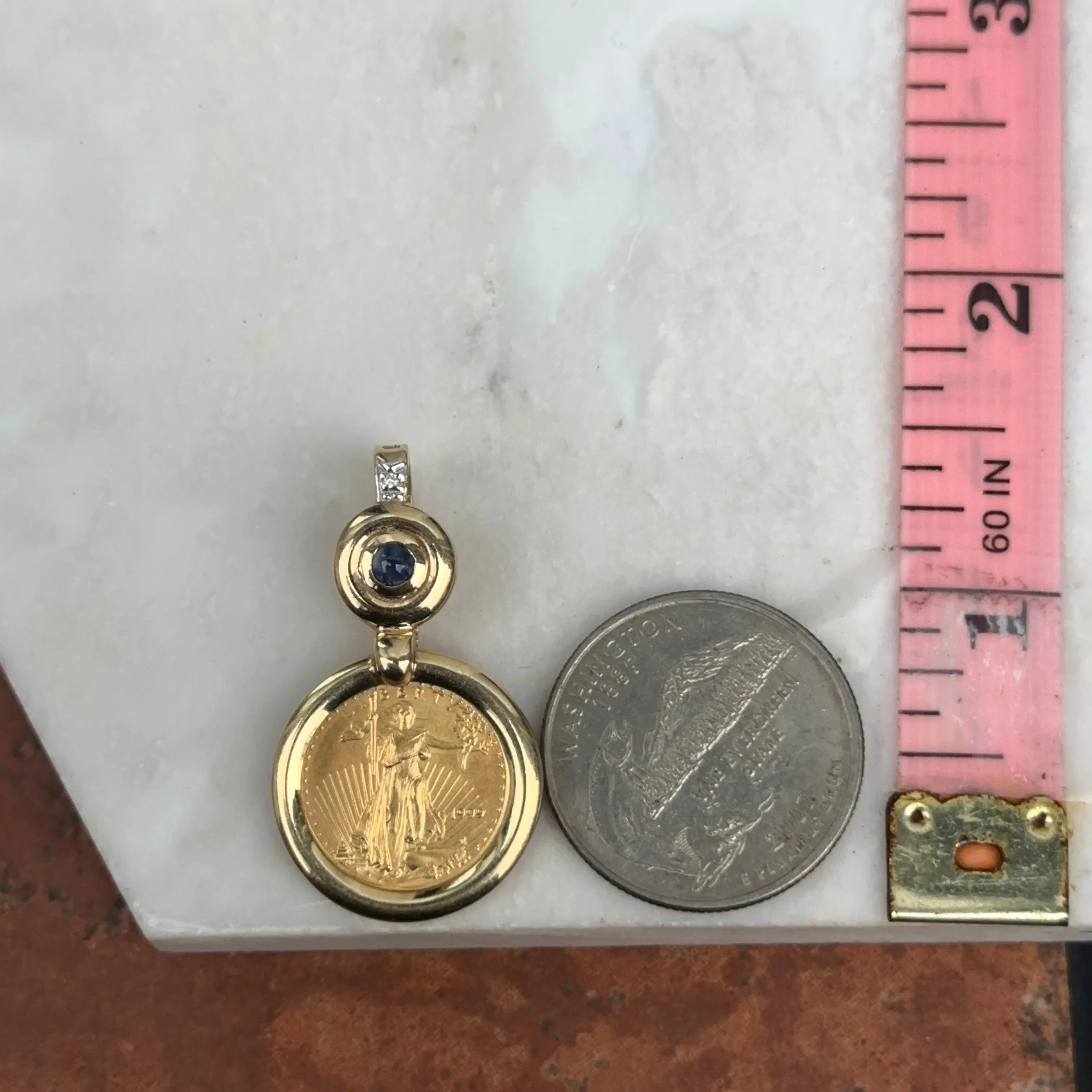 Estate 14KT Yellow Gold American Liberty Coin   Sapphire Pendant