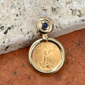 Estate 14KT Yellow Gold American Liberty Coin   Sapphire Pendant