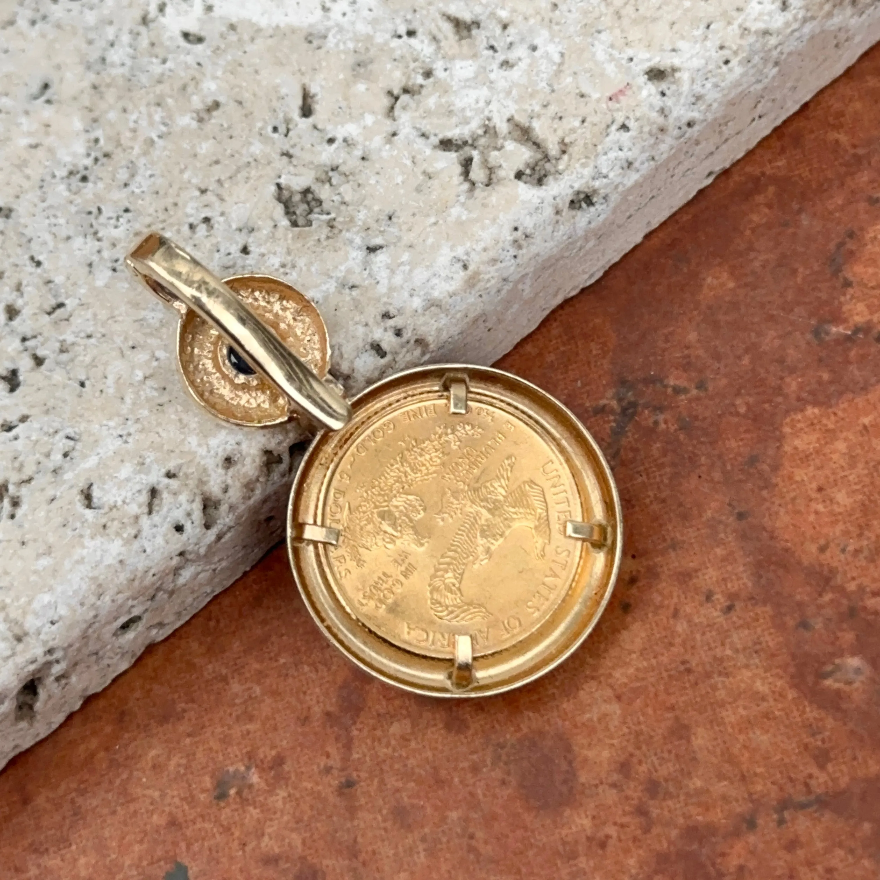 Estate 14KT Yellow Gold American Liberty Coin   Sapphire Pendant