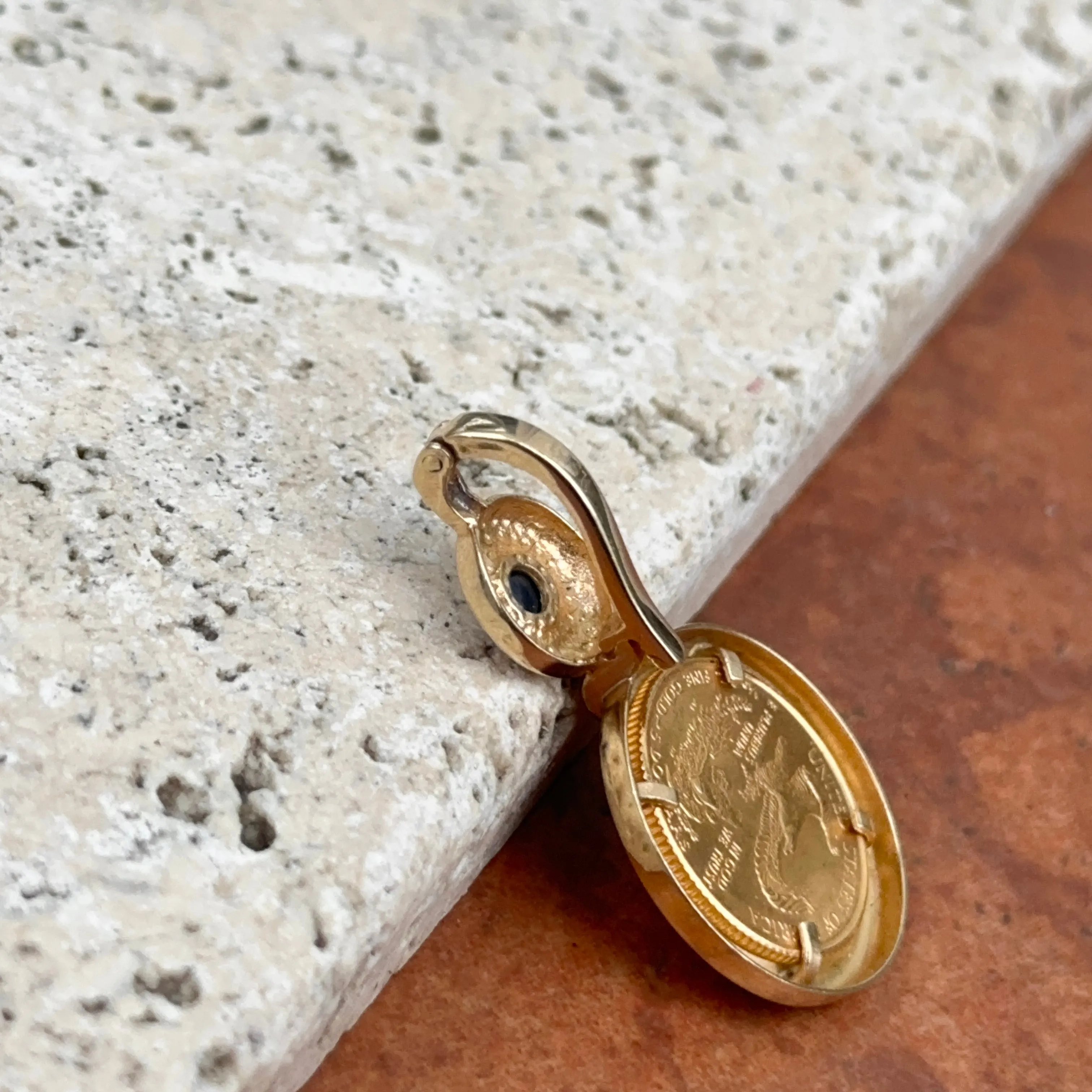 Estate 14KT Yellow Gold American Liberty Coin   Sapphire Pendant