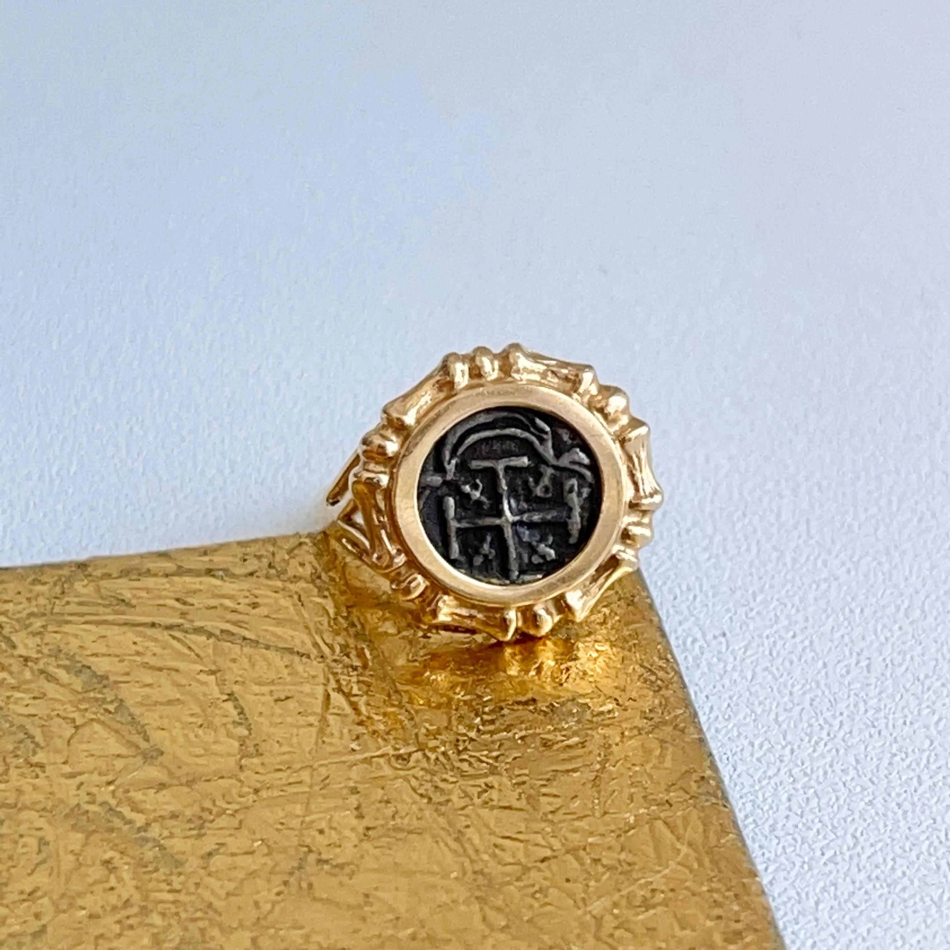 Estate 14KT Yellow Gold Bamboo Bezel Atocha Coin Ring