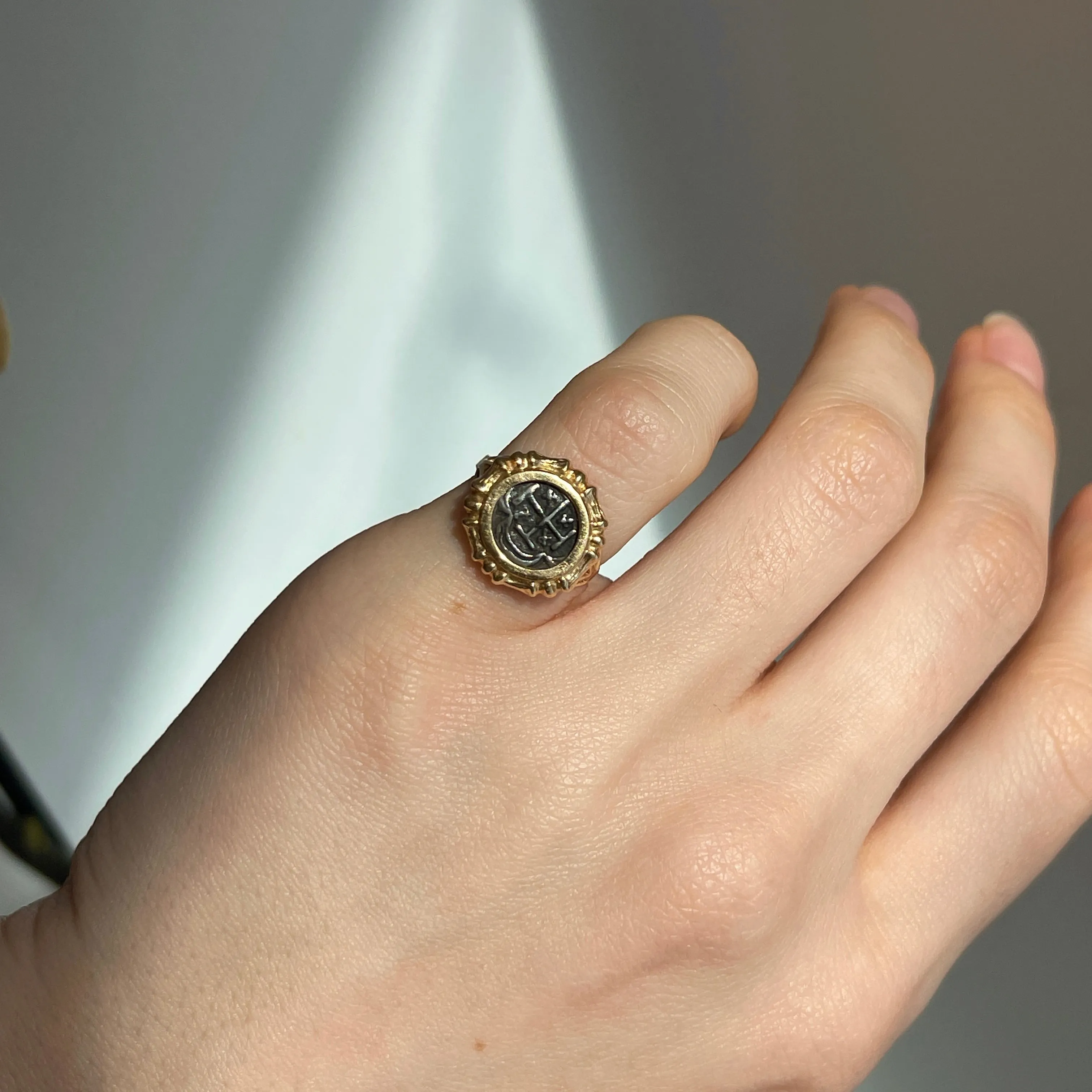 Estate 14KT Yellow Gold Bamboo Bezel Atocha Coin Ring