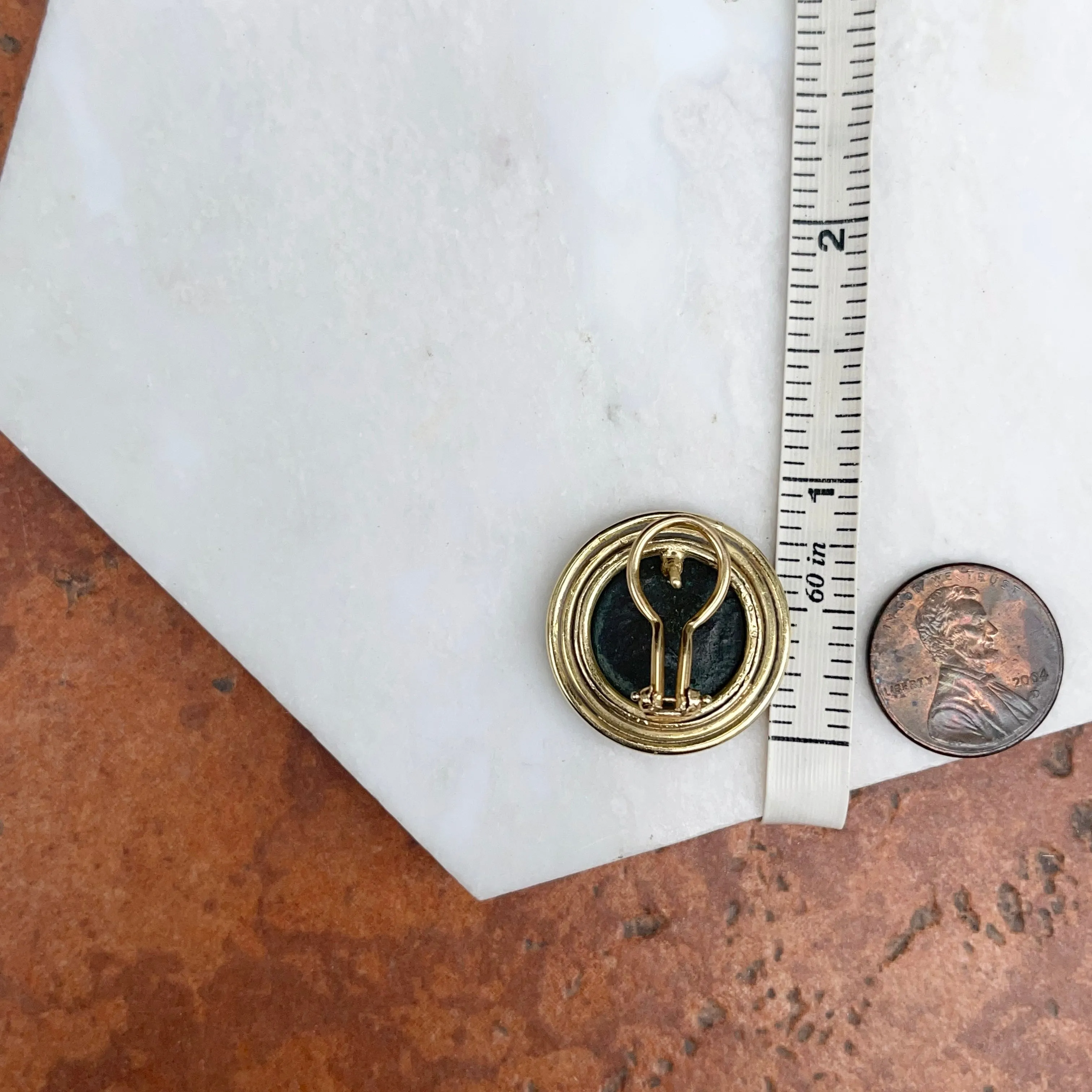 Estate 14KT Yellow Gold Bronze Roman Coin Double Bezel Omega Earrings