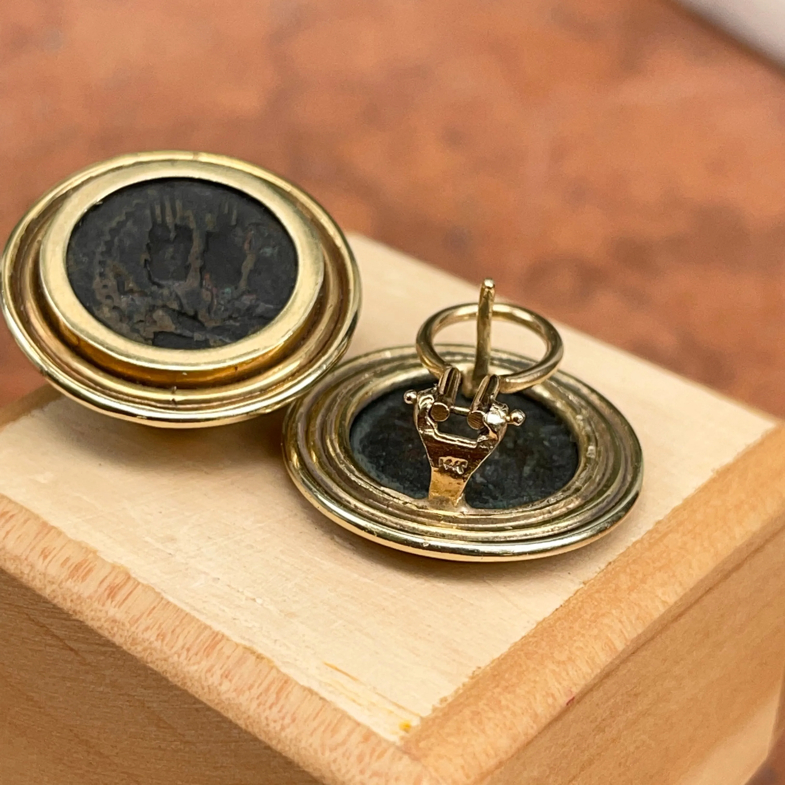 Estate 14KT Yellow Gold Bronze Roman Coin Double Bezel Omega Earrings