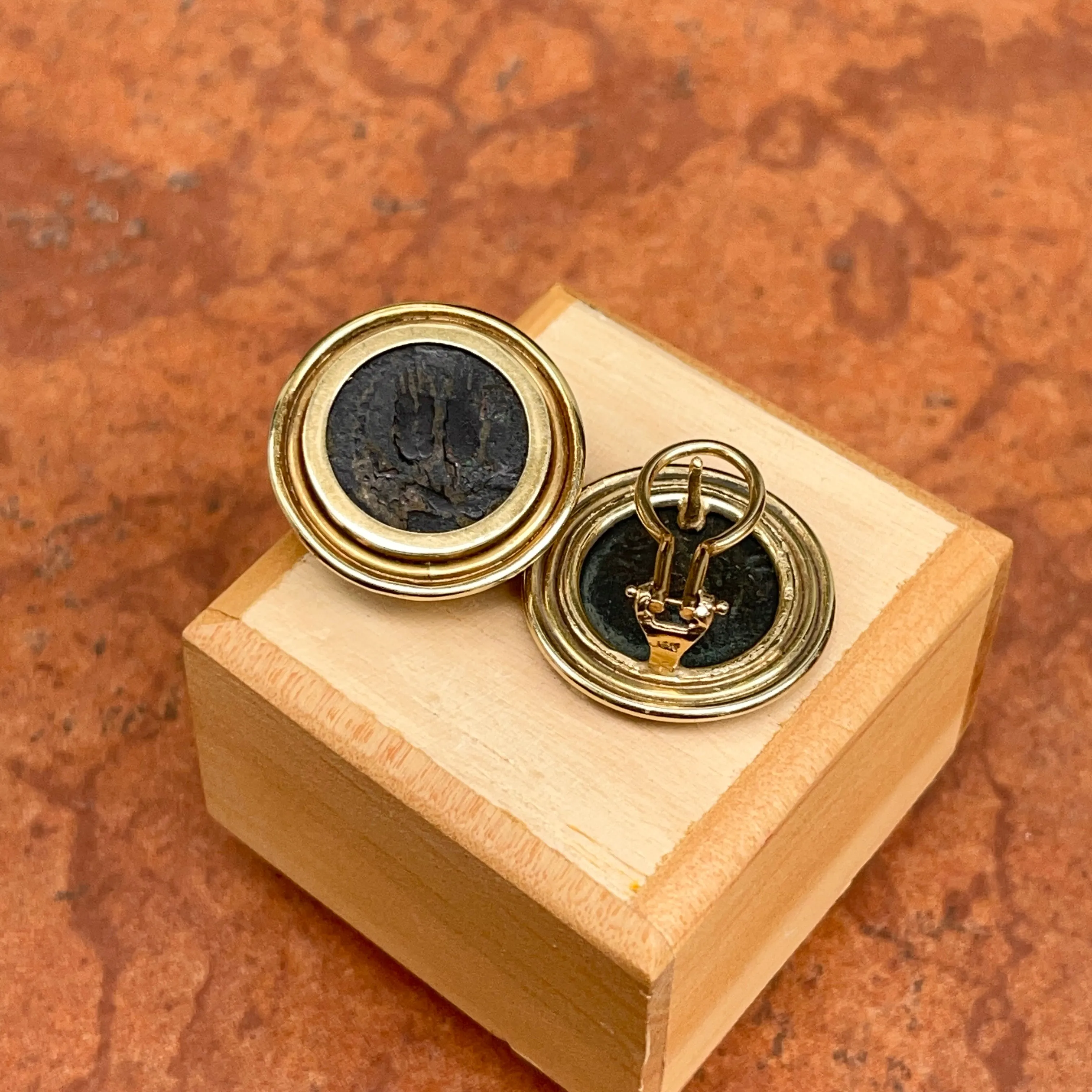 Estate 14KT Yellow Gold Bronze Roman Coin Double Bezel Omega Earrings