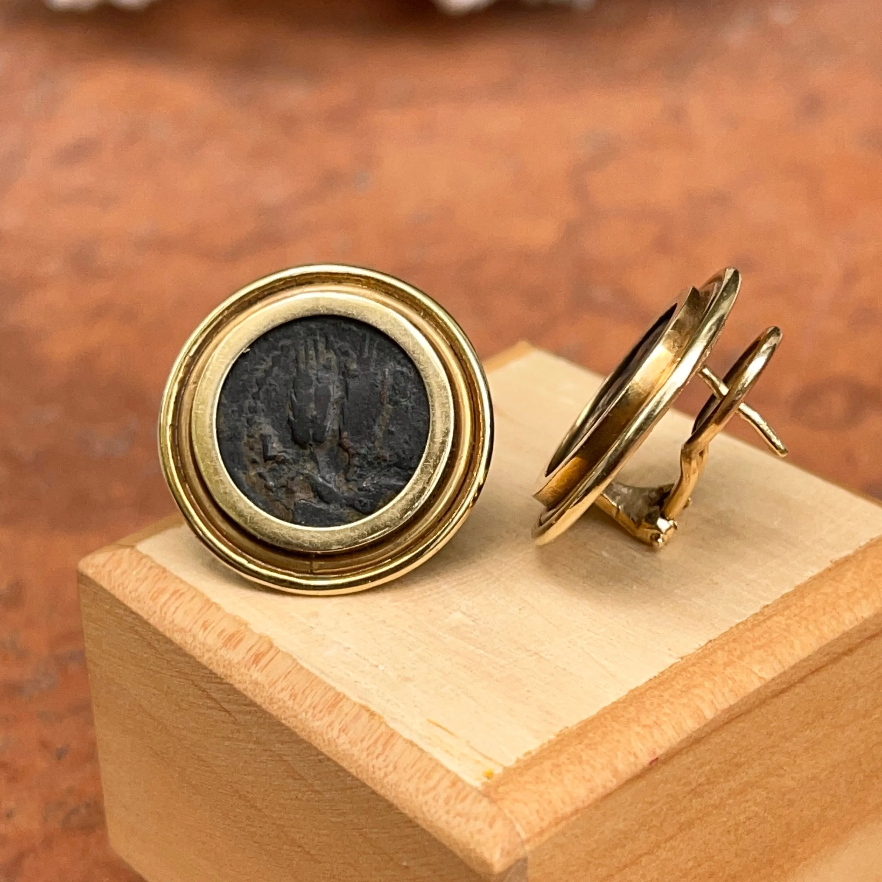 Estate 14KT Yellow Gold Bronze Roman Coin Double Bezel Omega Earrings