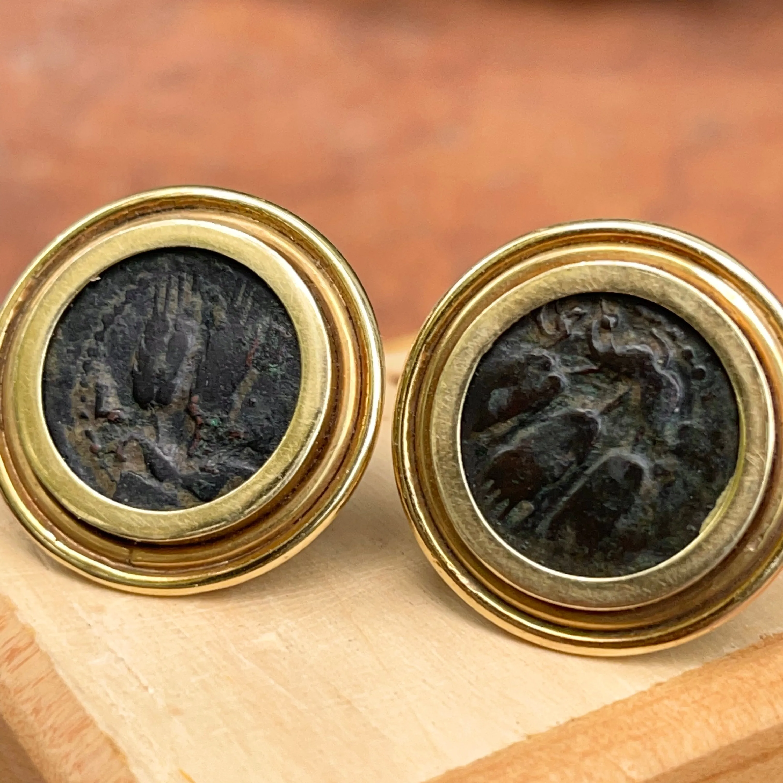 Estate 14KT Yellow Gold Bronze Roman Coin Double Bezel Omega Earrings