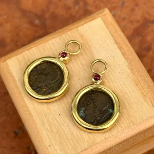 Estate 18KT Yellow Gold Ruby   Roman Coin Earring Charms