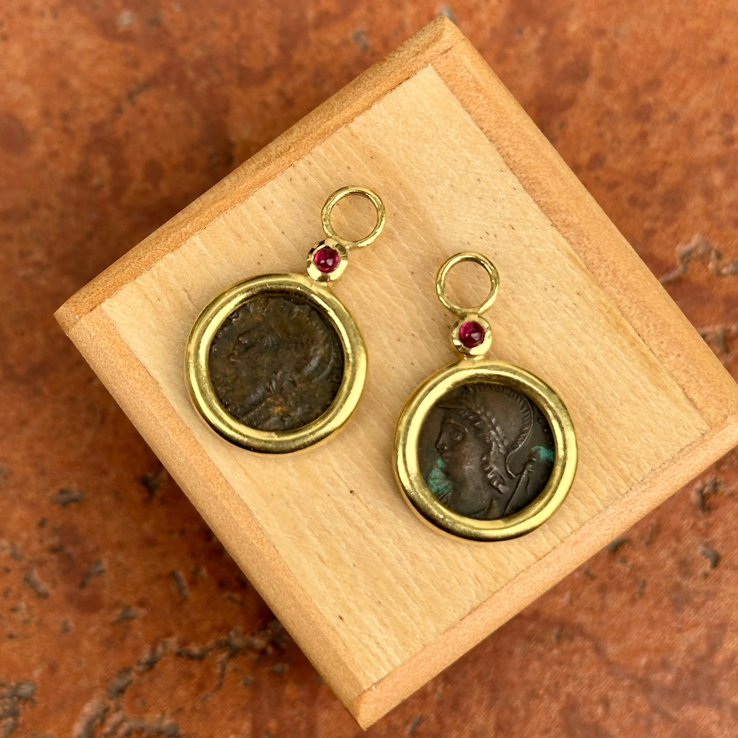 Estate 18KT Yellow Gold Ruby   Roman Coin Earring Charms