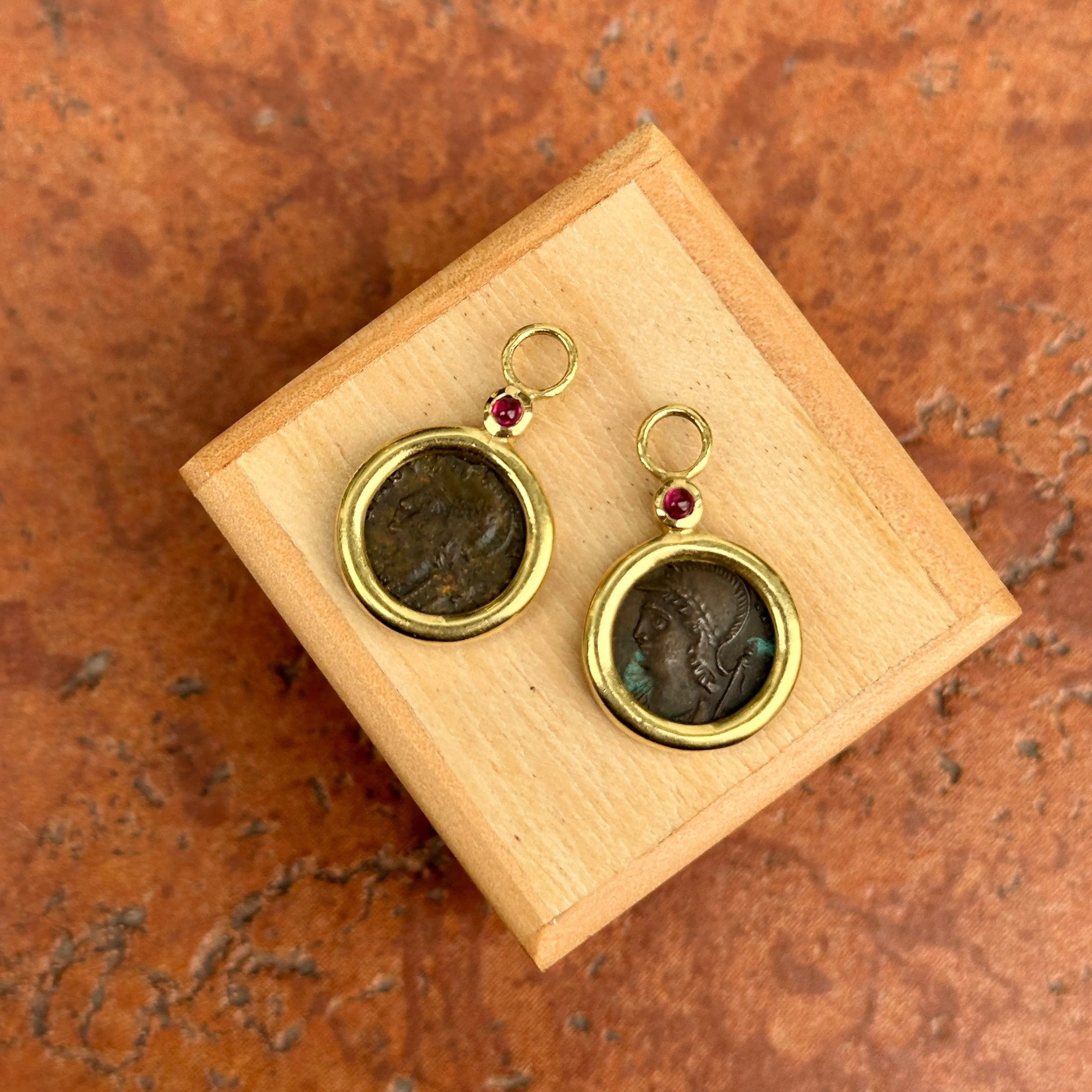 Estate 18KT Yellow Gold Ruby   Roman Coin Earring Charms