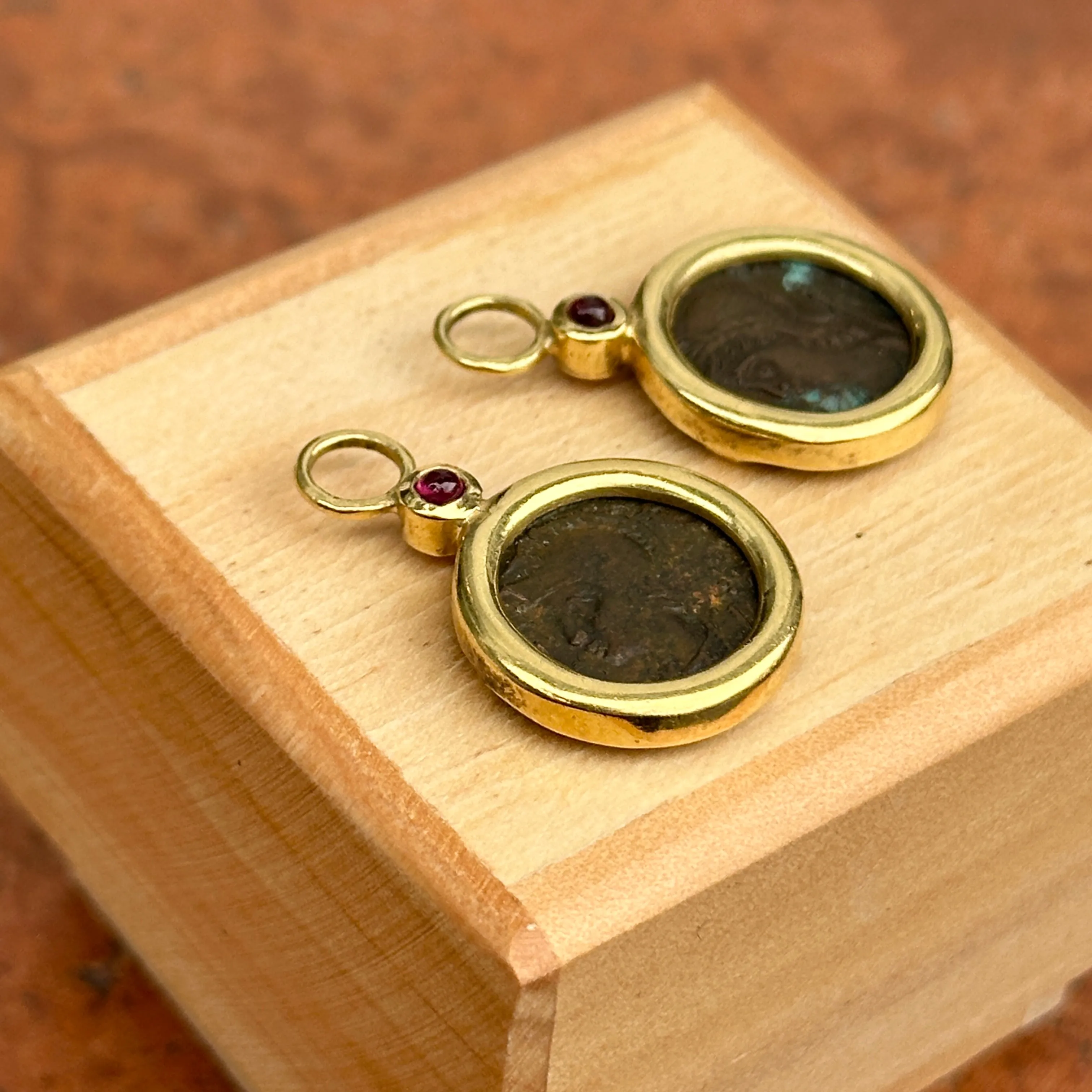 Estate 18KT Yellow Gold Ruby   Roman Coin Earring Charms