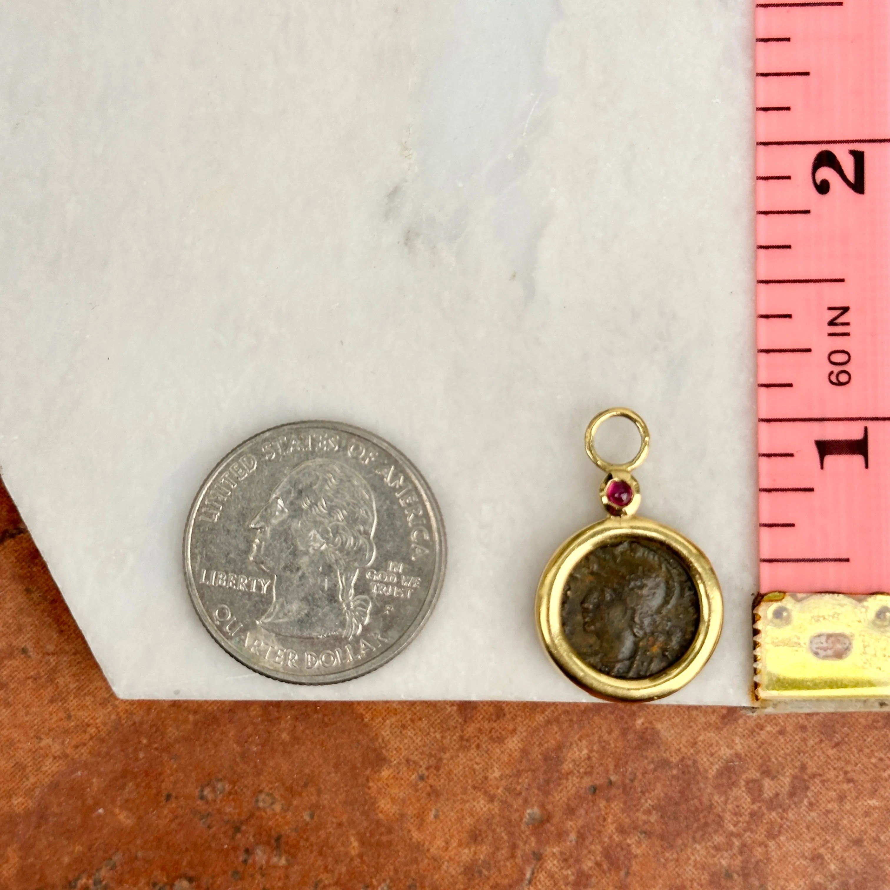 Estate 18KT Yellow Gold Ruby   Roman Coin Earring Charms