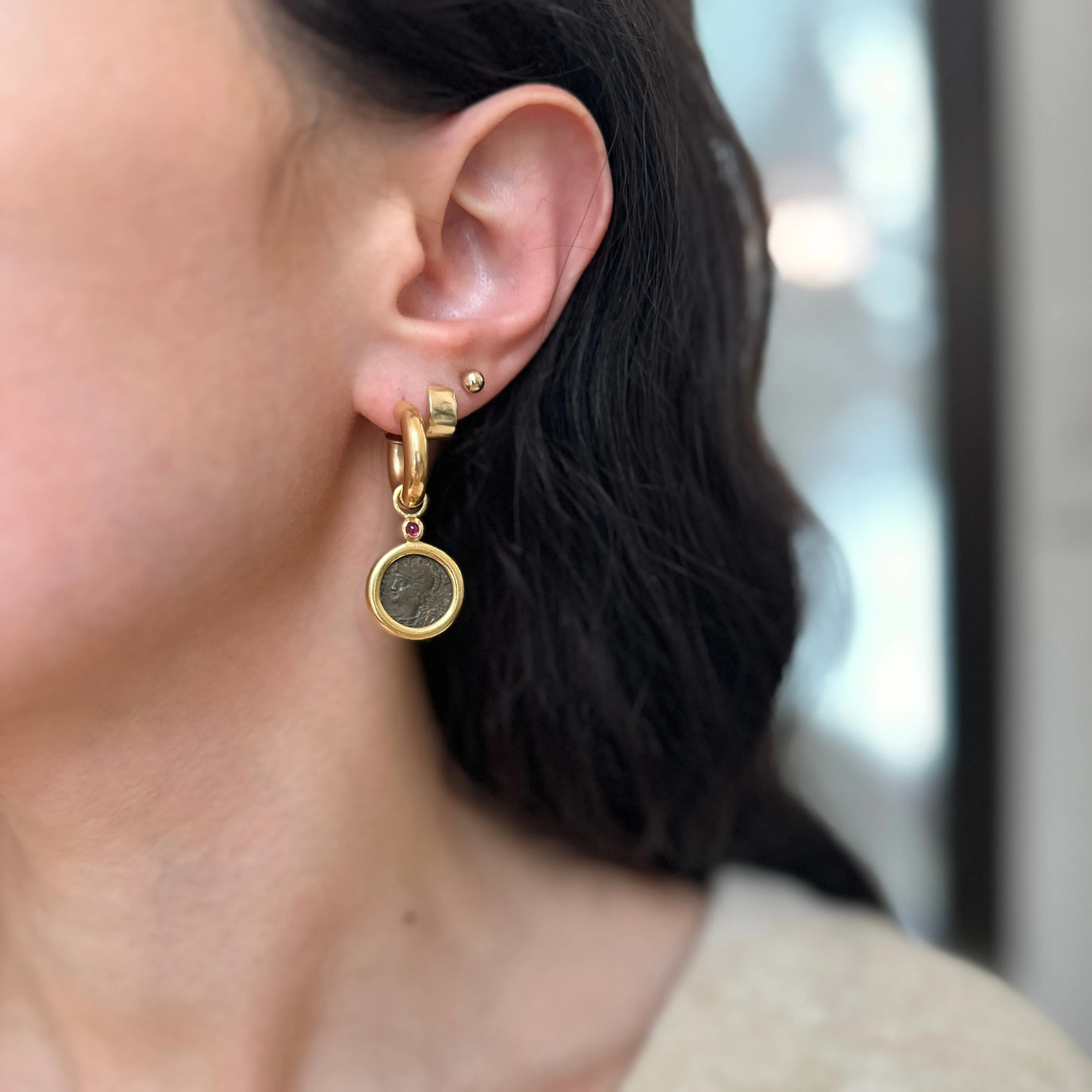 Estate 18KT Yellow Gold Ruby   Roman Coin Earring Charms