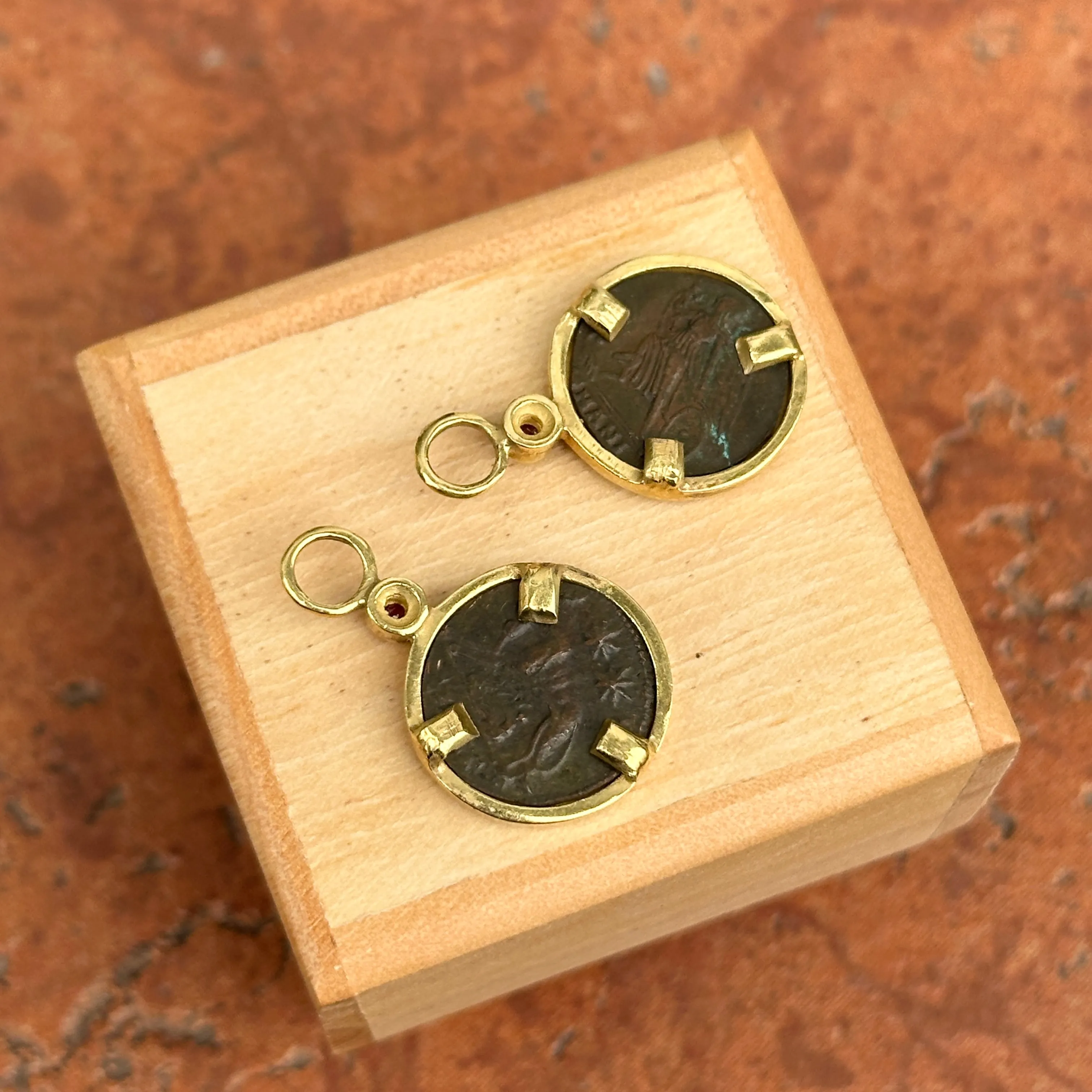 Estate 18KT Yellow Gold Ruby   Roman Coin Earring Charms