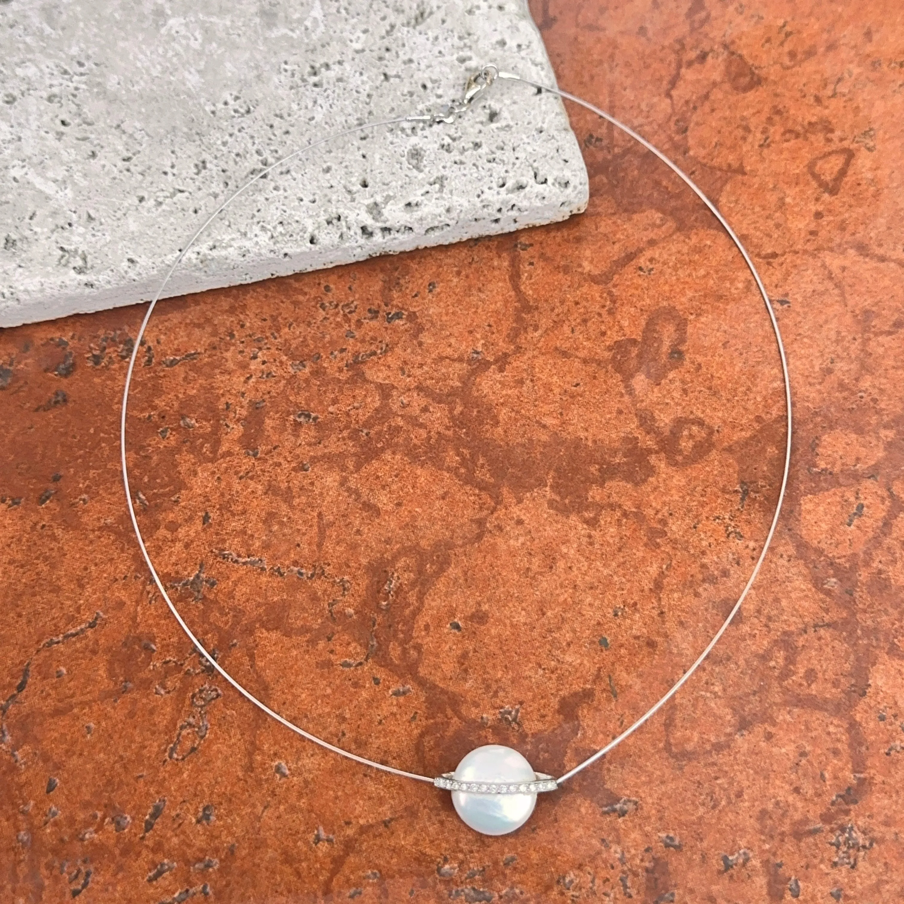 Estate Yvel 18KT White Gold Coin Biwa Pearl   Diamond Collar Necklace