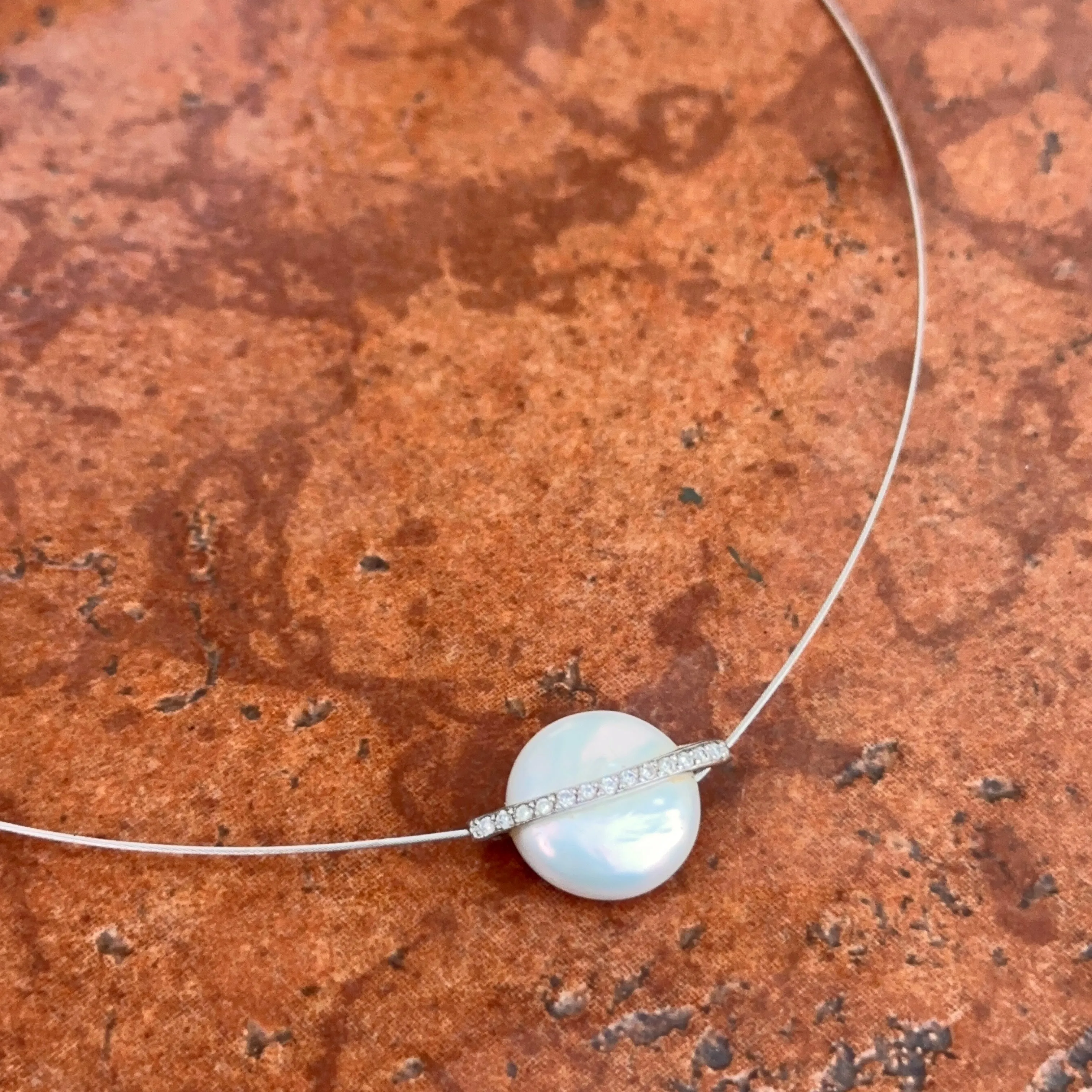 Estate Yvel 18KT White Gold Coin Biwa Pearl   Diamond Collar Necklace