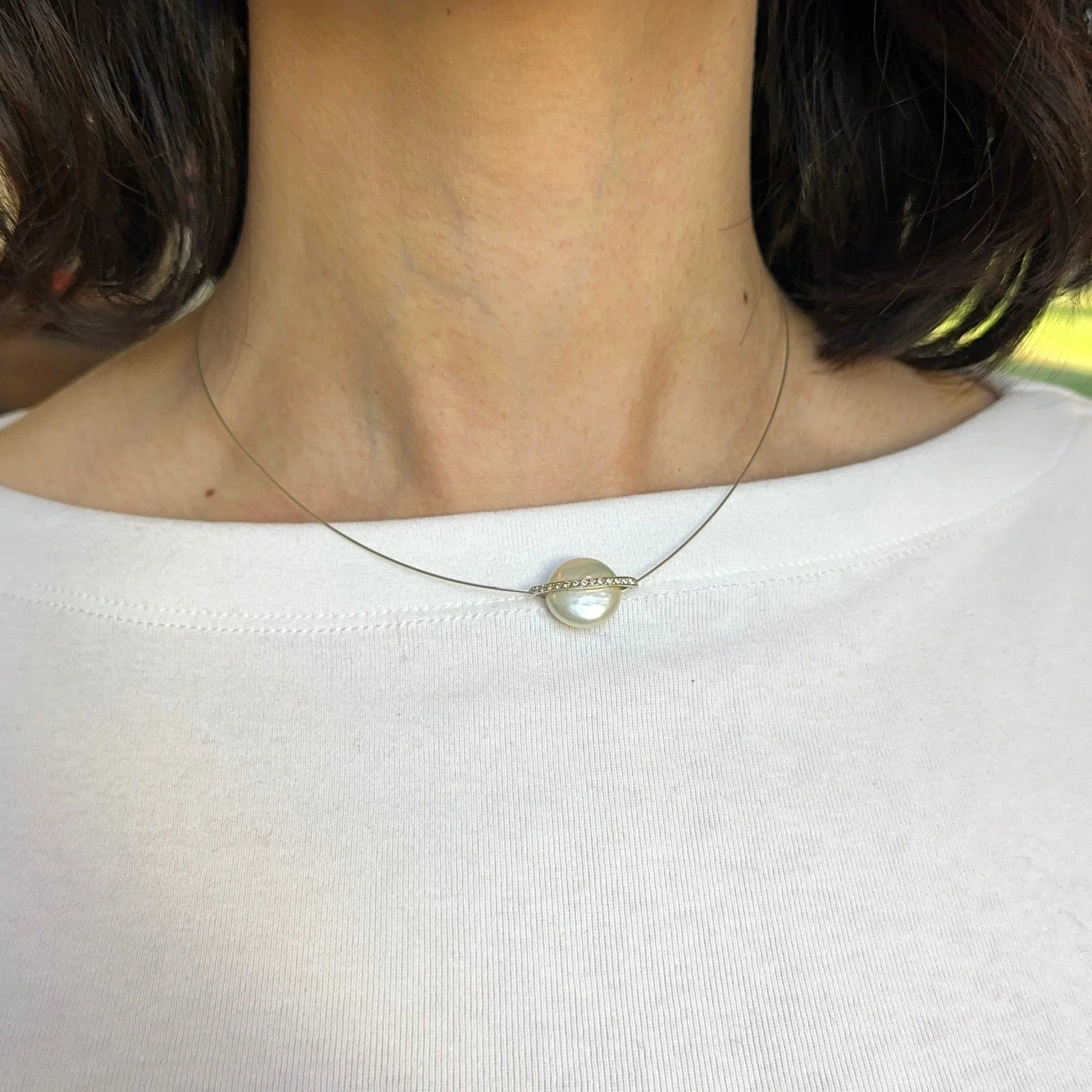Estate Yvel 18KT White Gold Coin Biwa Pearl   Diamond Collar Necklace