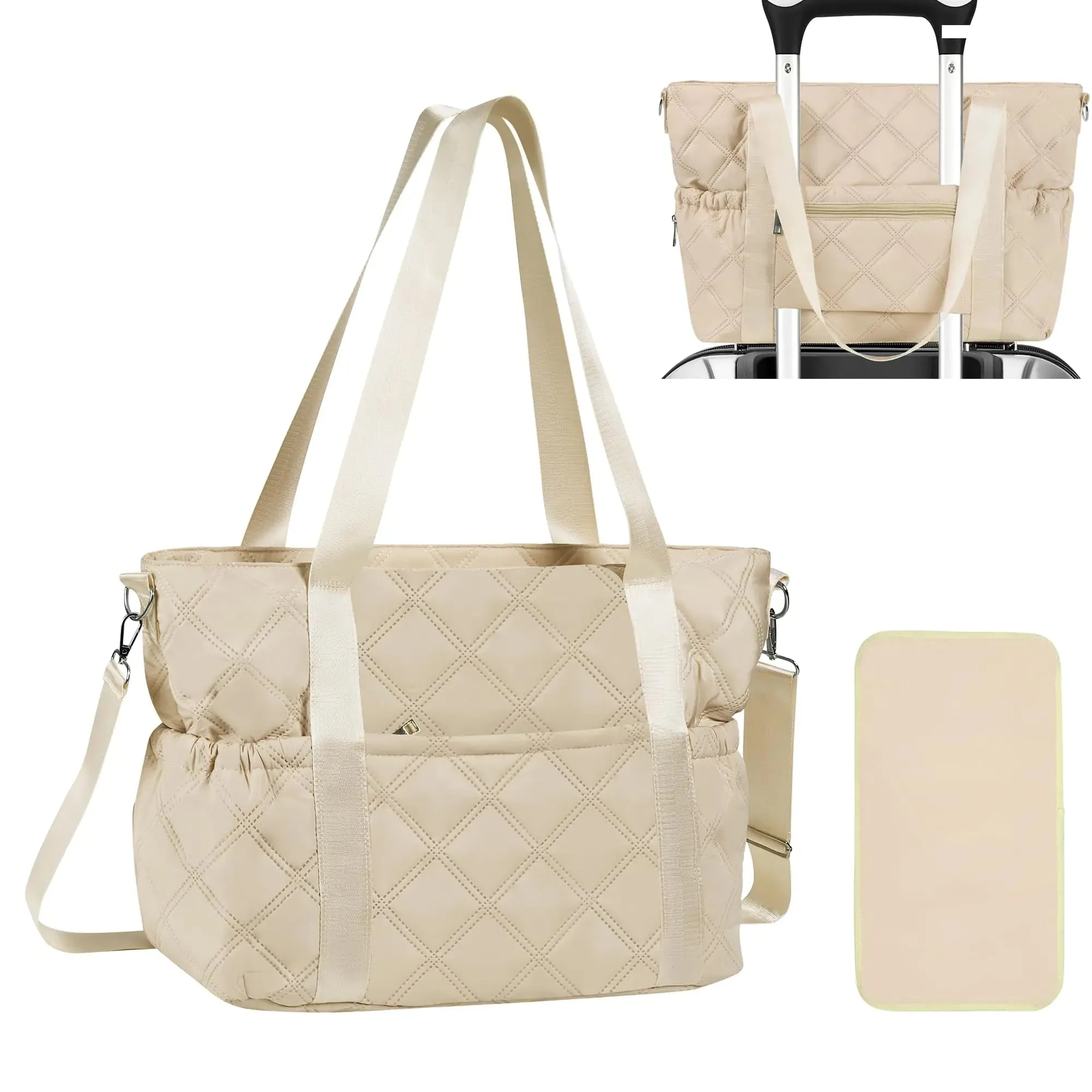 FCQQYWZ Quilted Diaper Bag Tote for Baby Bags with Changing Pad Large Mommy Bag for Women Travel Maternity Bag Shoulder Diaper Bag Nappy Storage Tote Bag Travel Hospital-Khaki