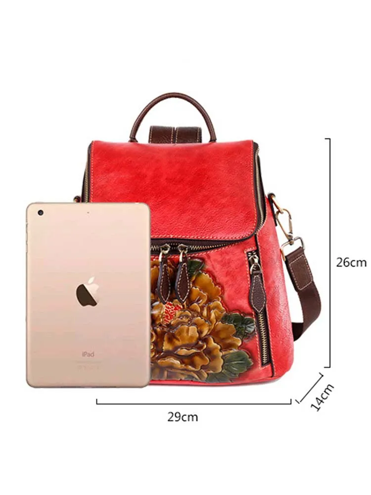 Flower Embossed Leather Backpack