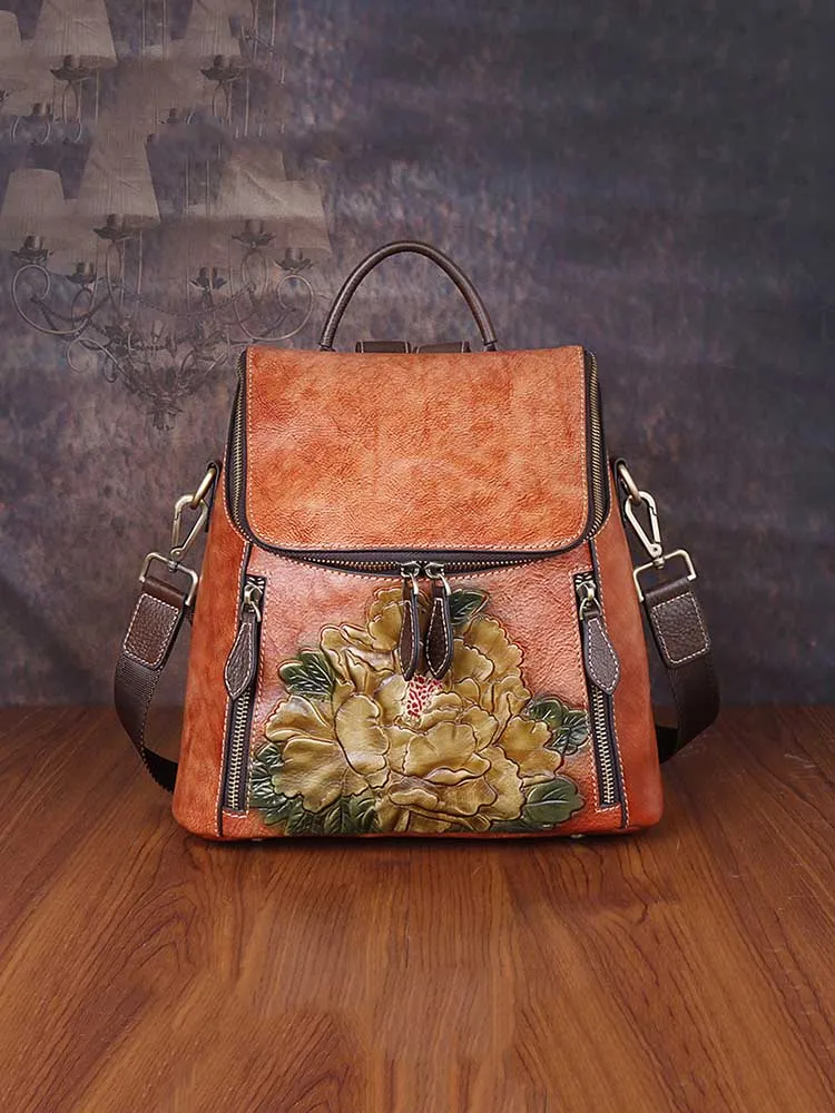 Flower Embossed Leather Backpack