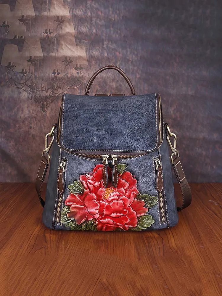 Flower Embossed Leather Backpack