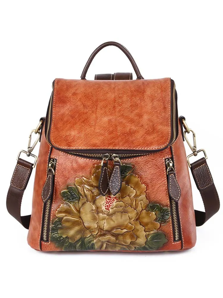 Flower Embossed Leather Backpack