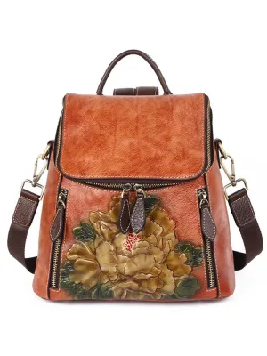 Flower Embossed Leather Backpack
